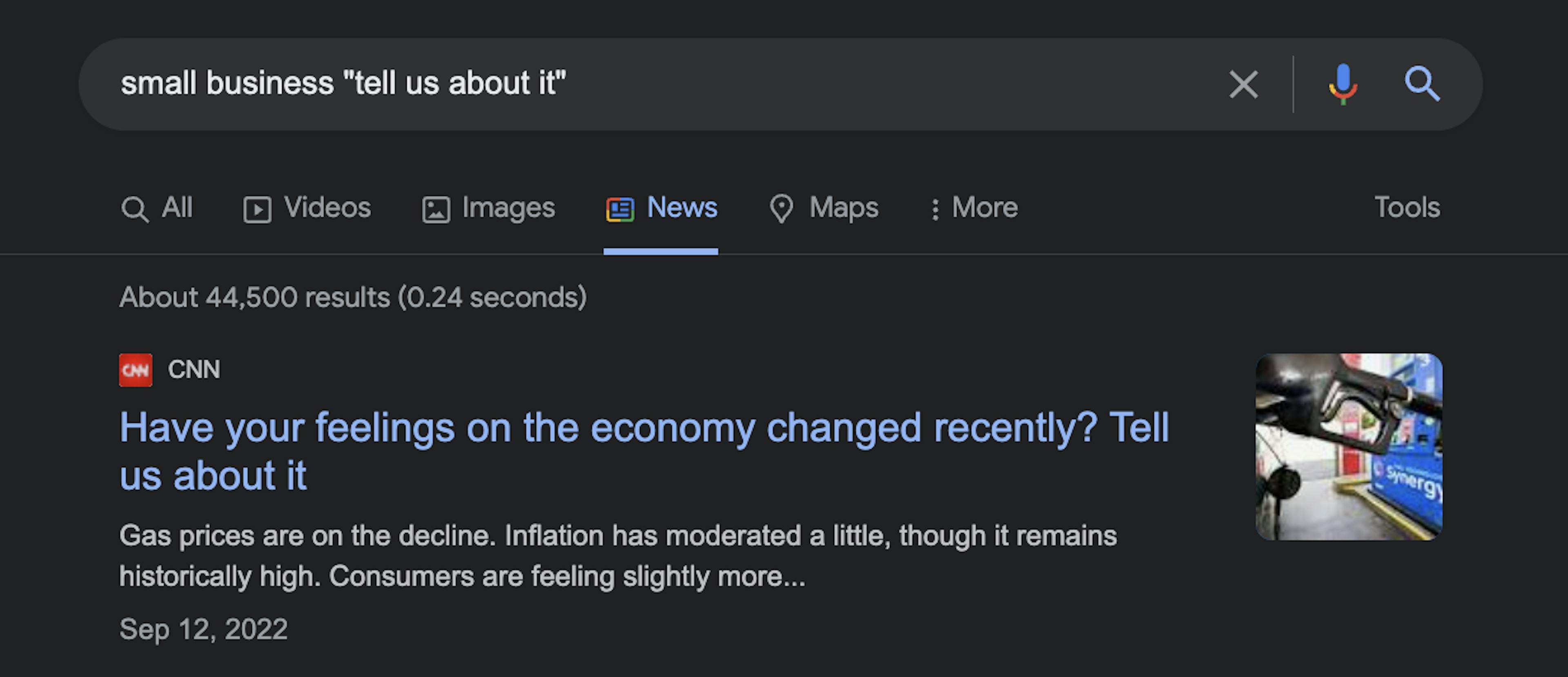 A Google News search example for a small business. Alternatives can be "hear about your experience" "hear from you" etc.
