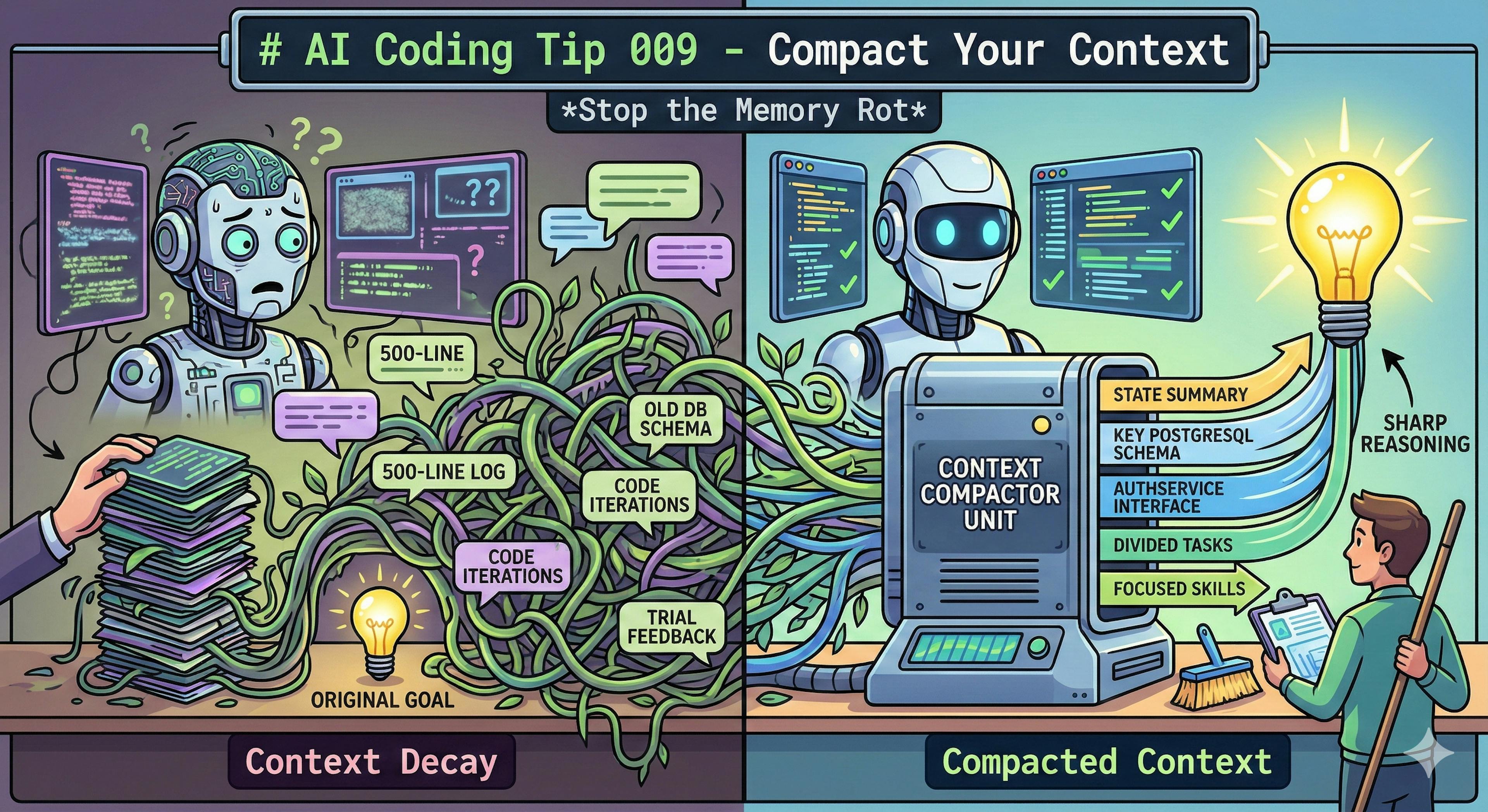 featured image - AI Coding Tip 009 - Compact Your Context and Stop Memory Rot