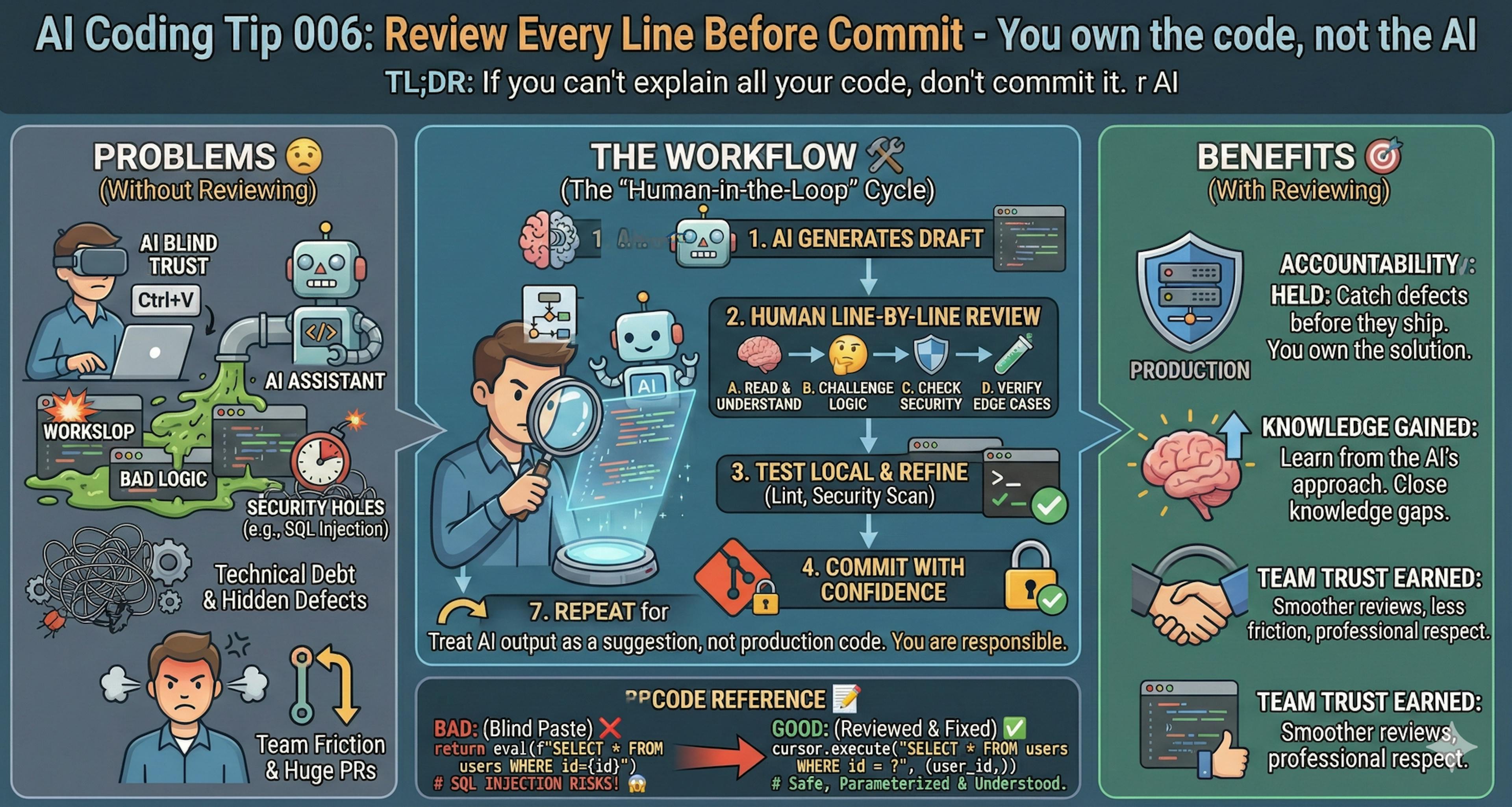 featured image - AI Coding Tip 006 - Review Every Line Before You Commit