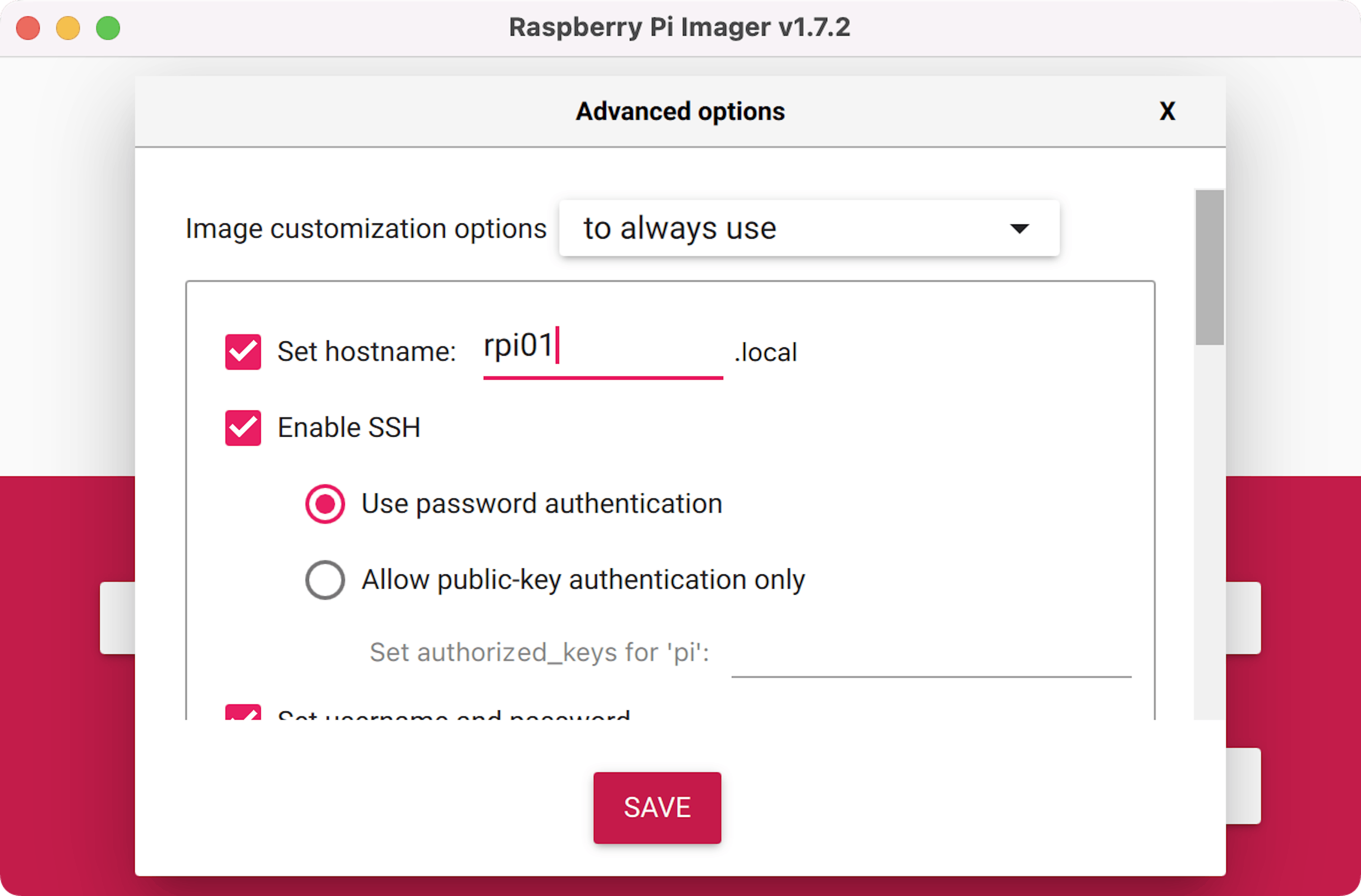 Các tùy chọn nâng cao của Raspberry Pi Imager