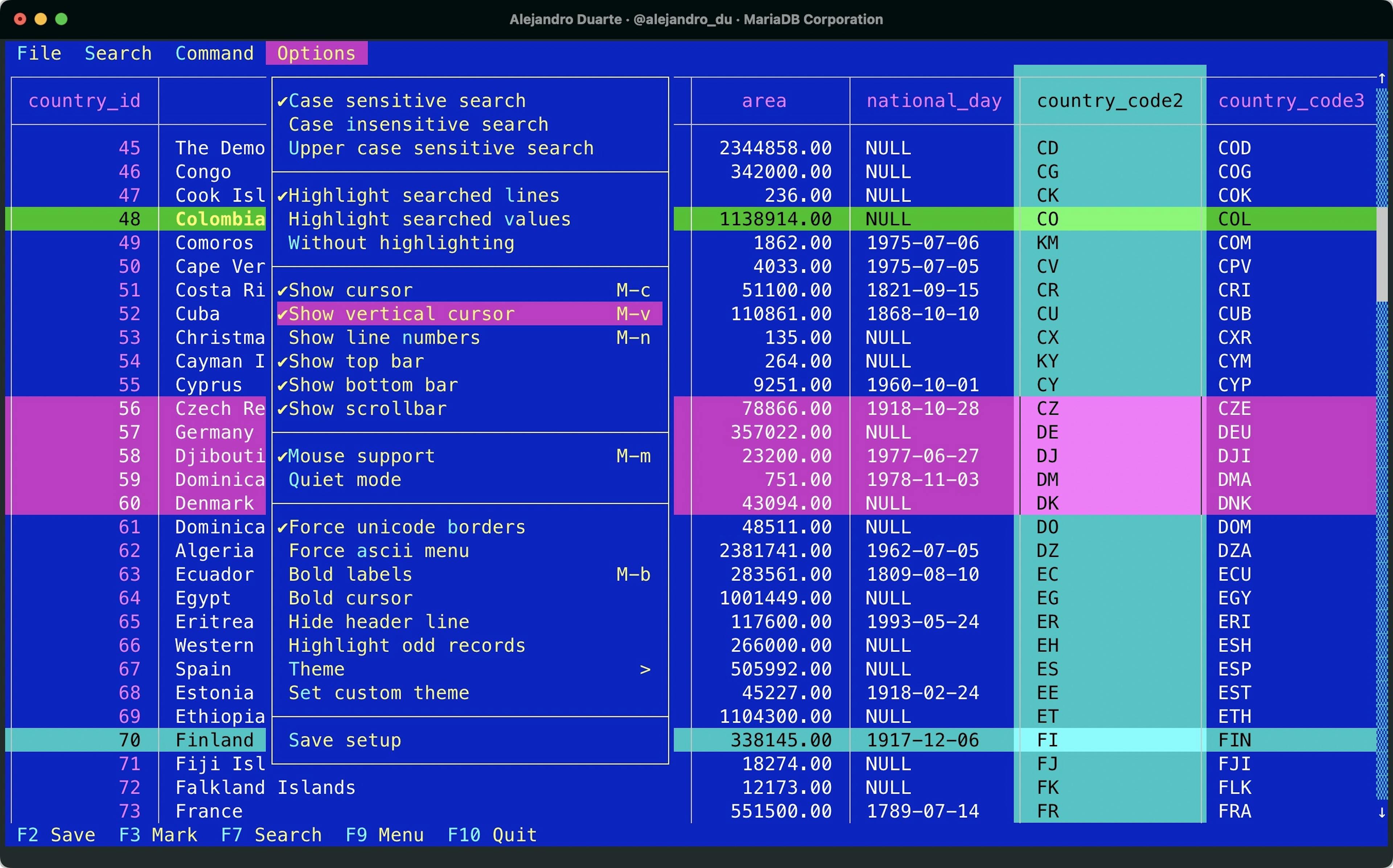 Some of the menu options in pspg