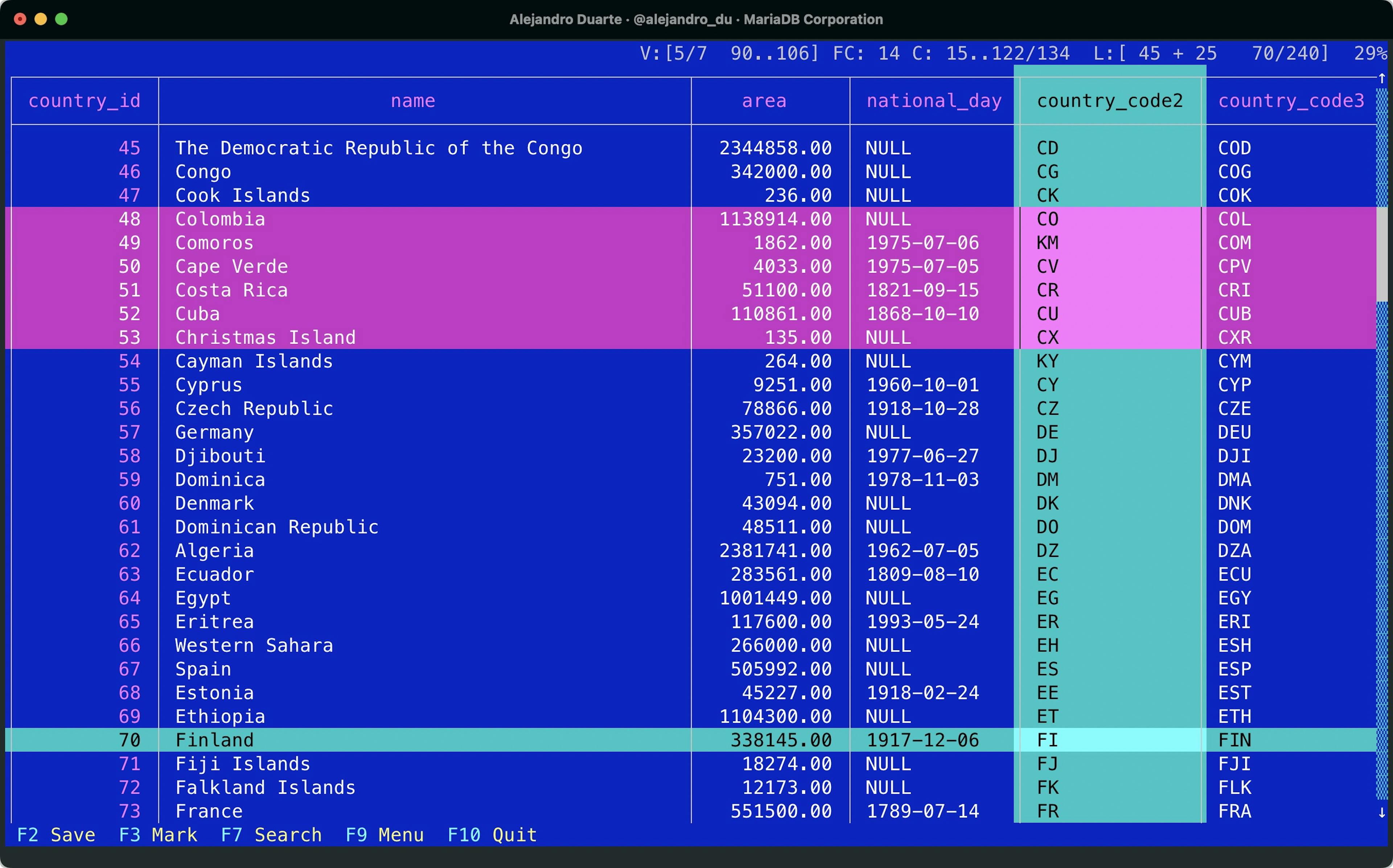 The pspg pager rendering data from MariaDB Xpand