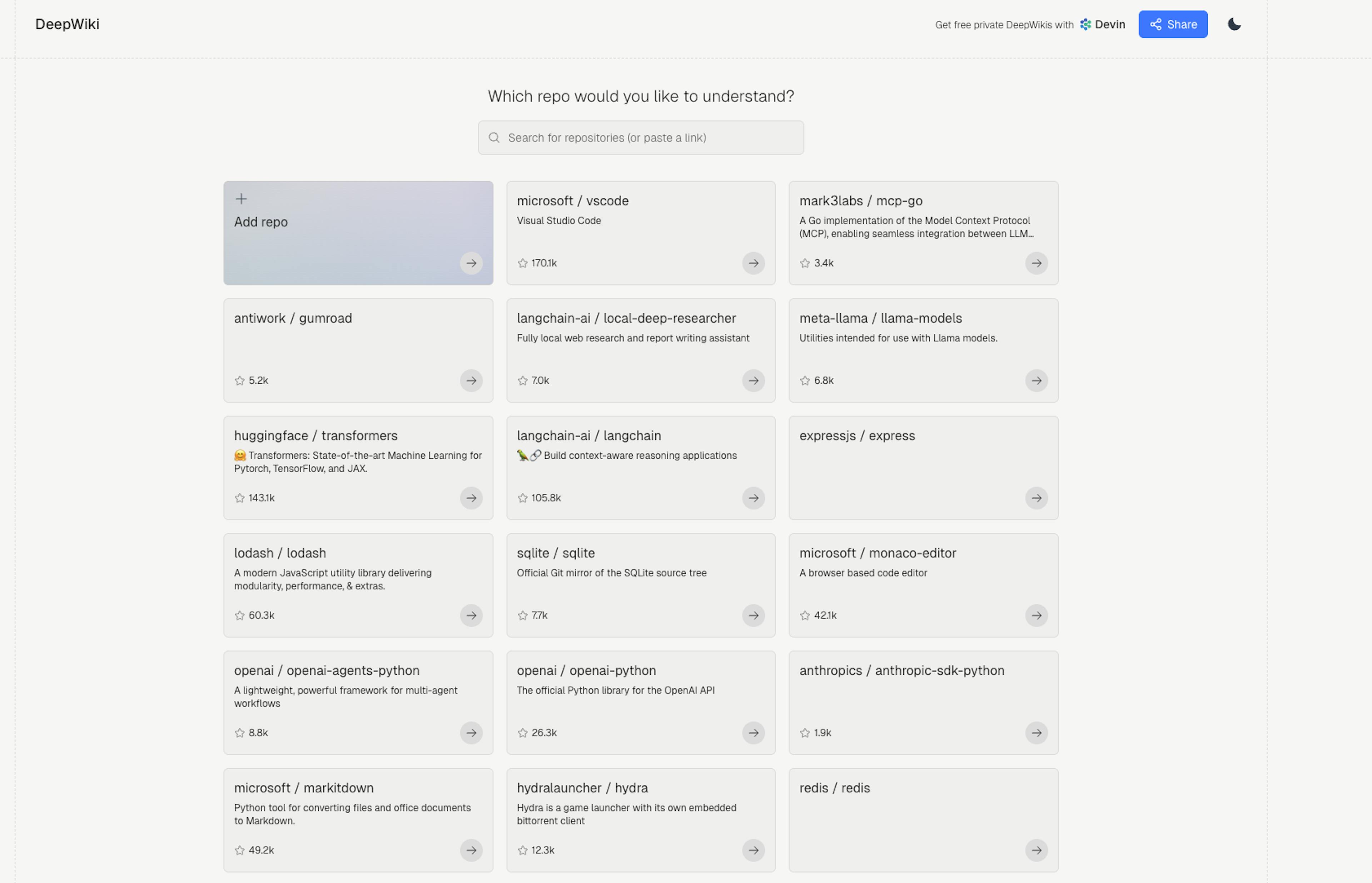 Homepage of DeepWiki