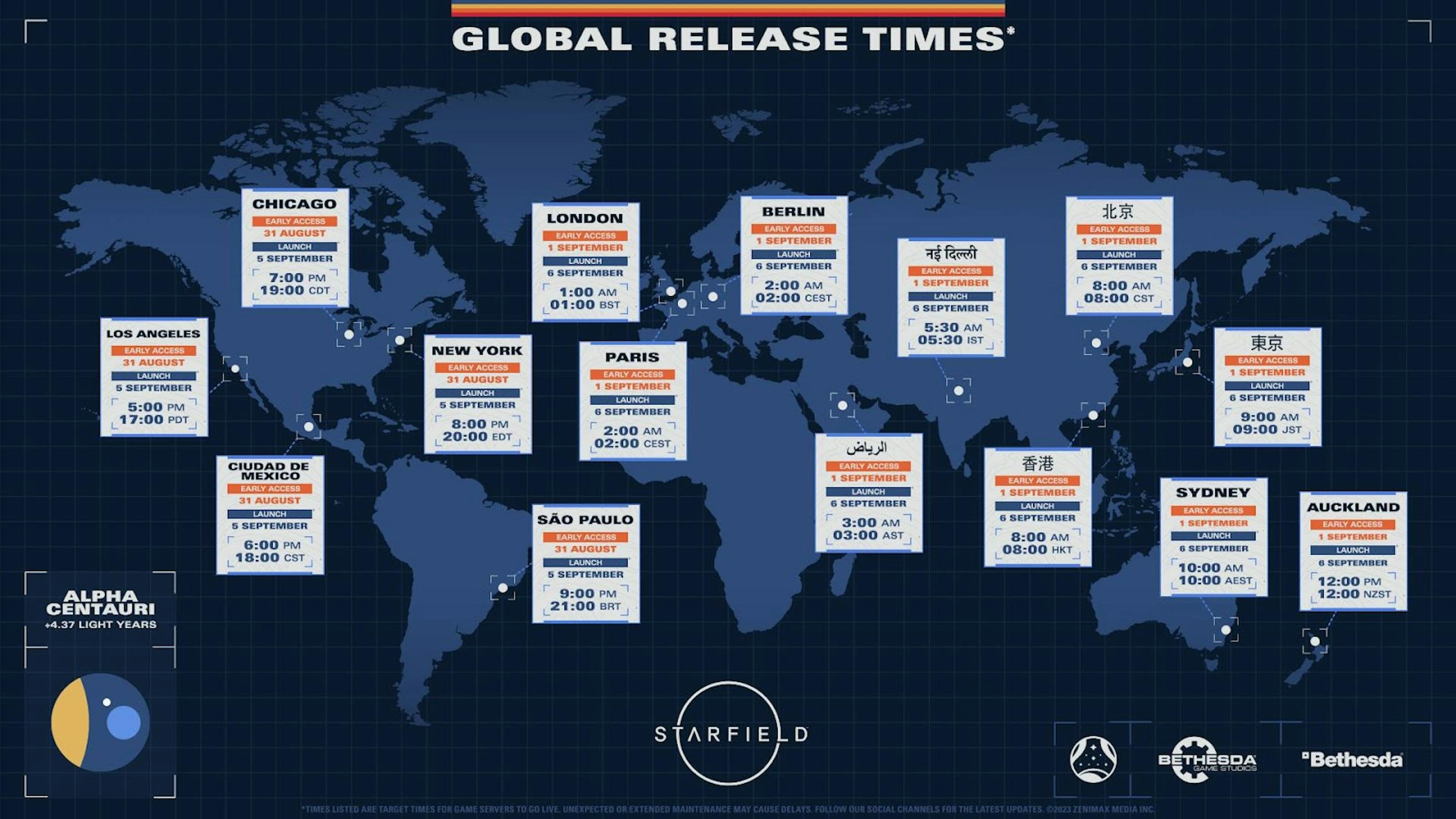 Um mapa global de quando Starfield será lançado.