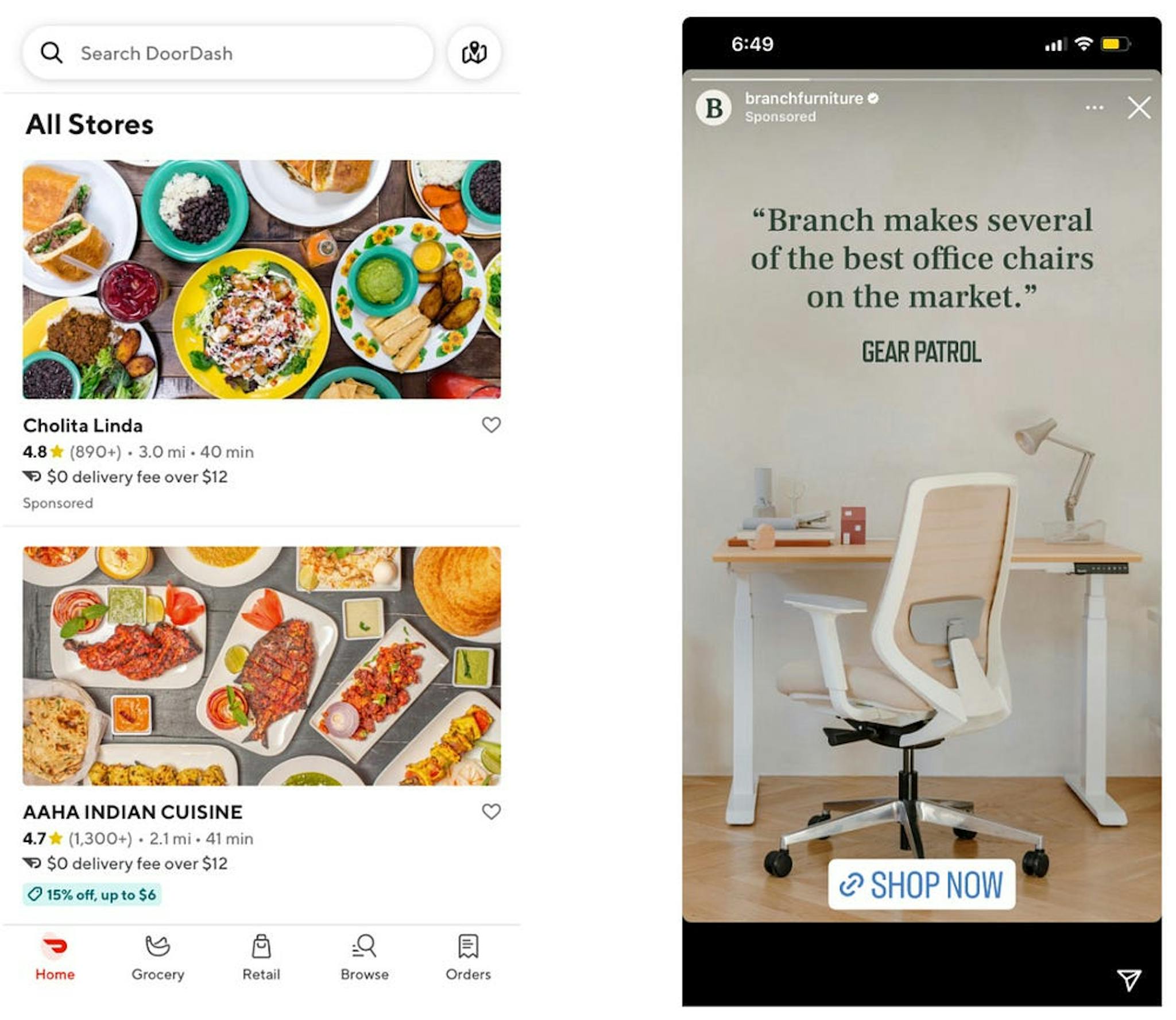 Contextual ad on DoorDash (left) vs Behavioral ad on Instagram Stories (right); Source: author