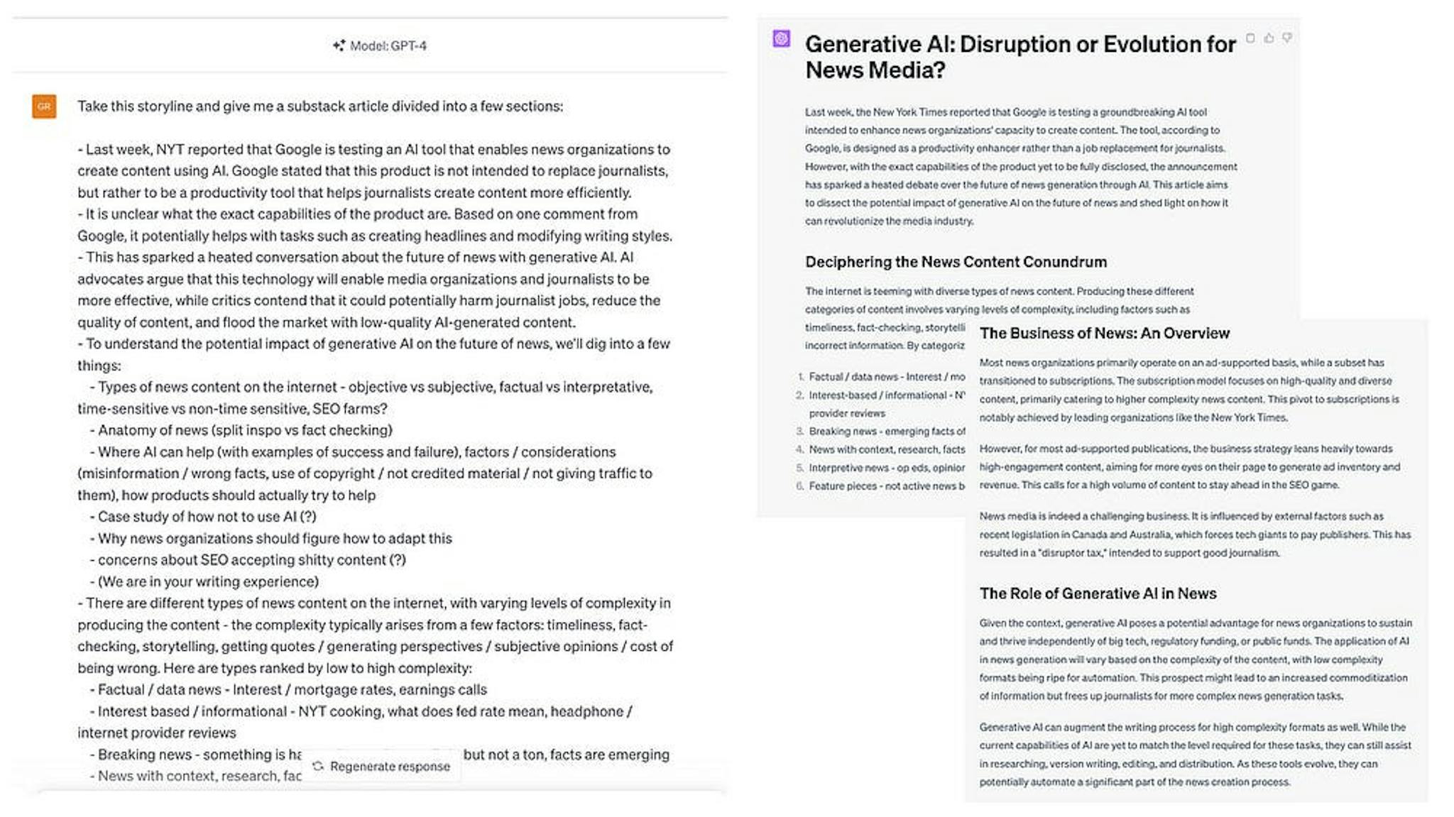 (left) detailed storyline fed to ChatGPT, (right) v1 draft of article; Source: created by author