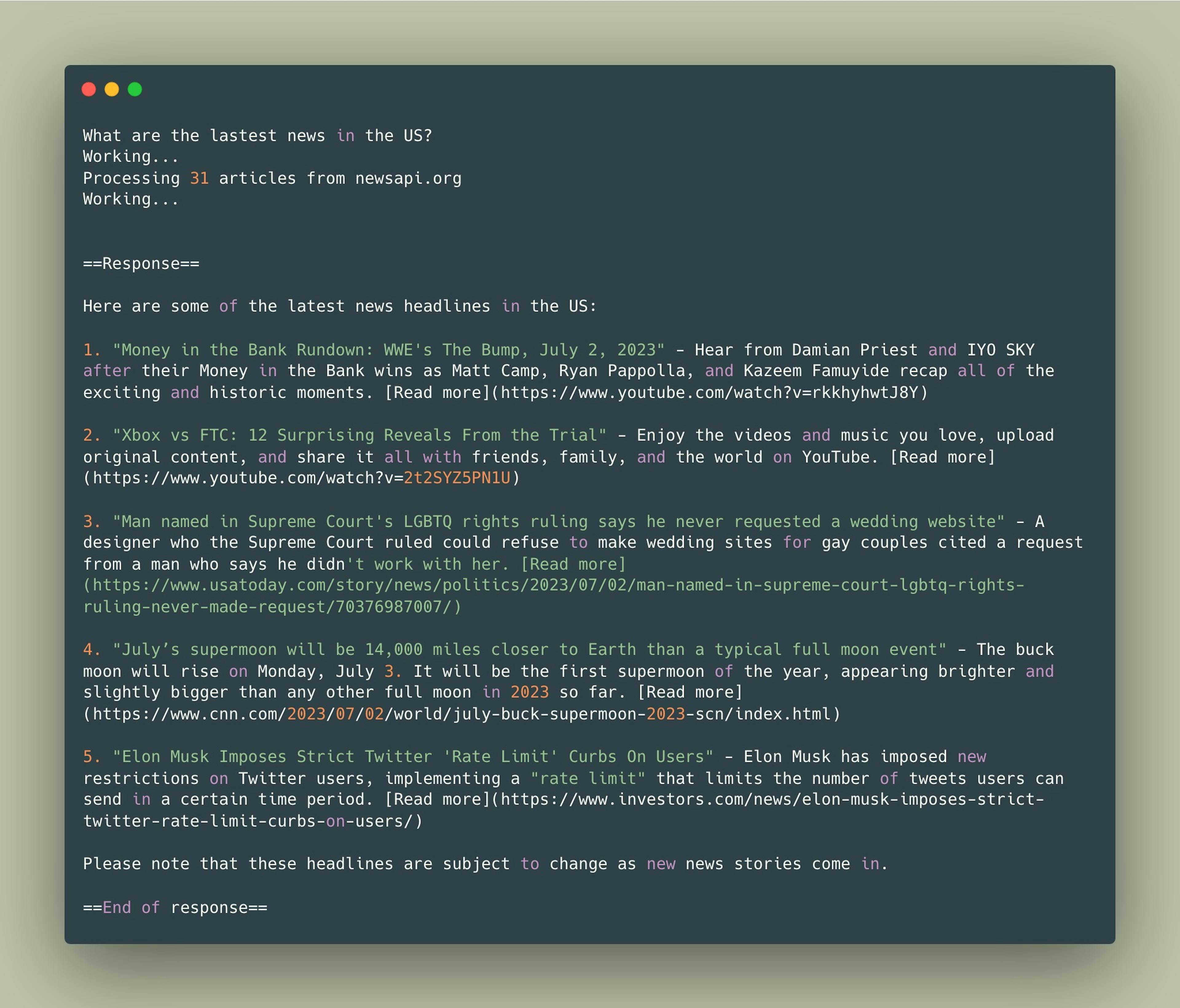 Example run of NewsGPT. A command line interface shows the user asking, "What's the latest news in the US?" and receiving a list of five articles with links to the journals or sources.