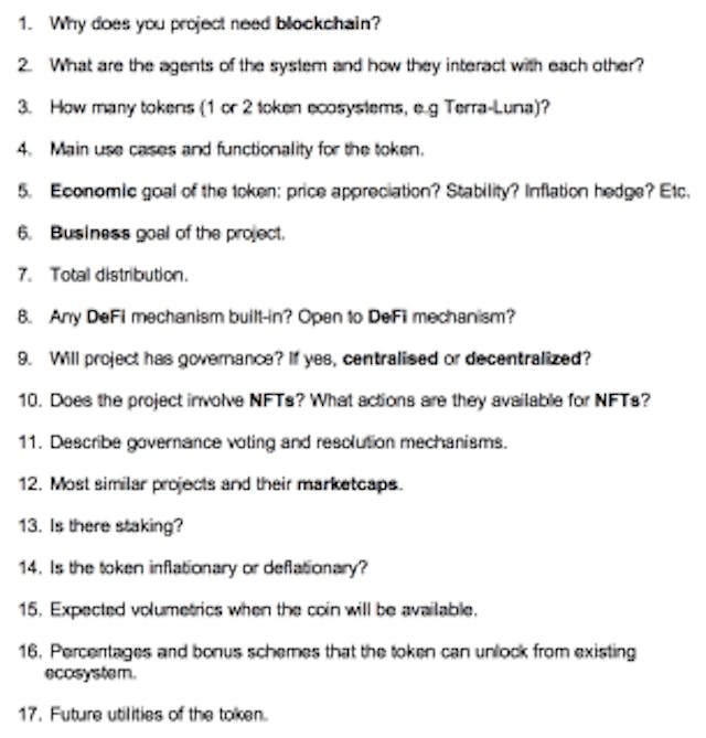 tokenomics questionnaire