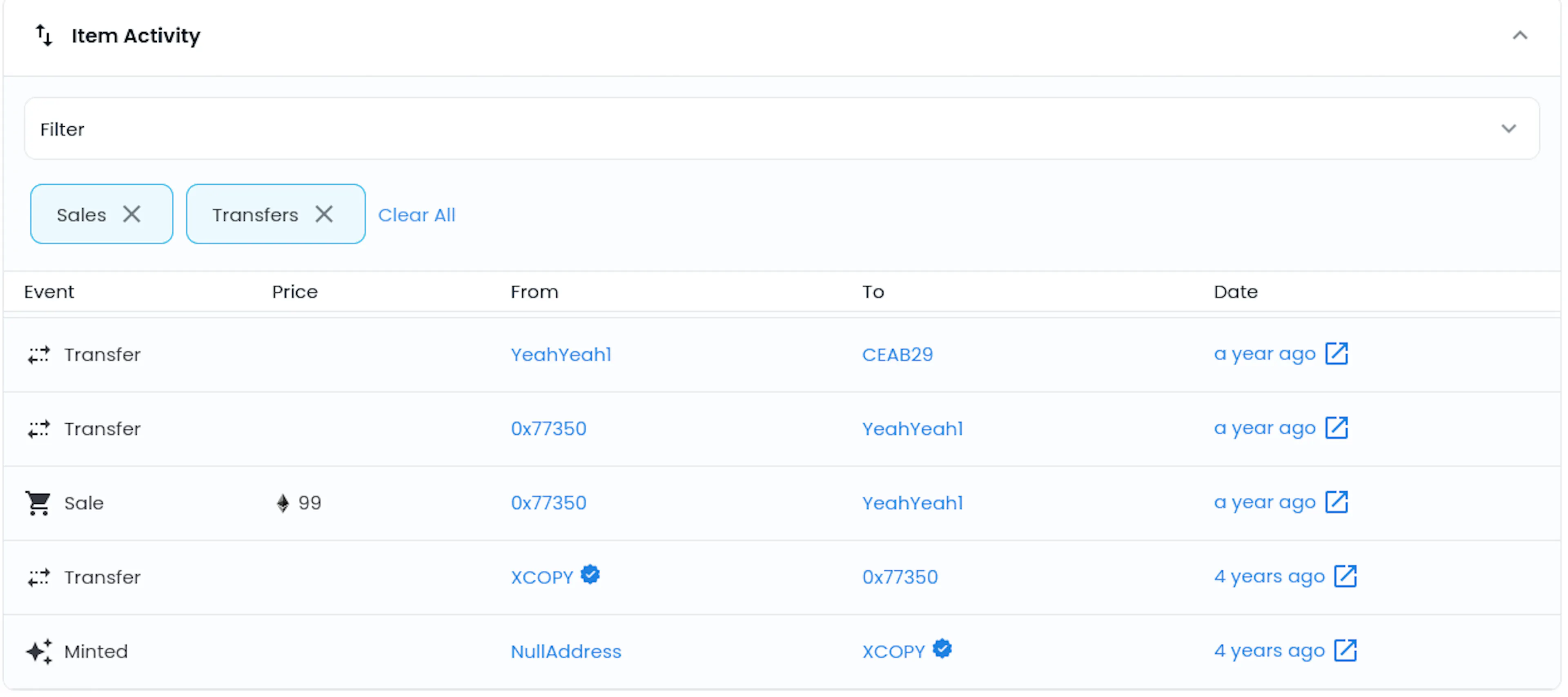 The ledger for Right Click Guy as seen on Opensea.io. The minting transaction appears at the bottom.