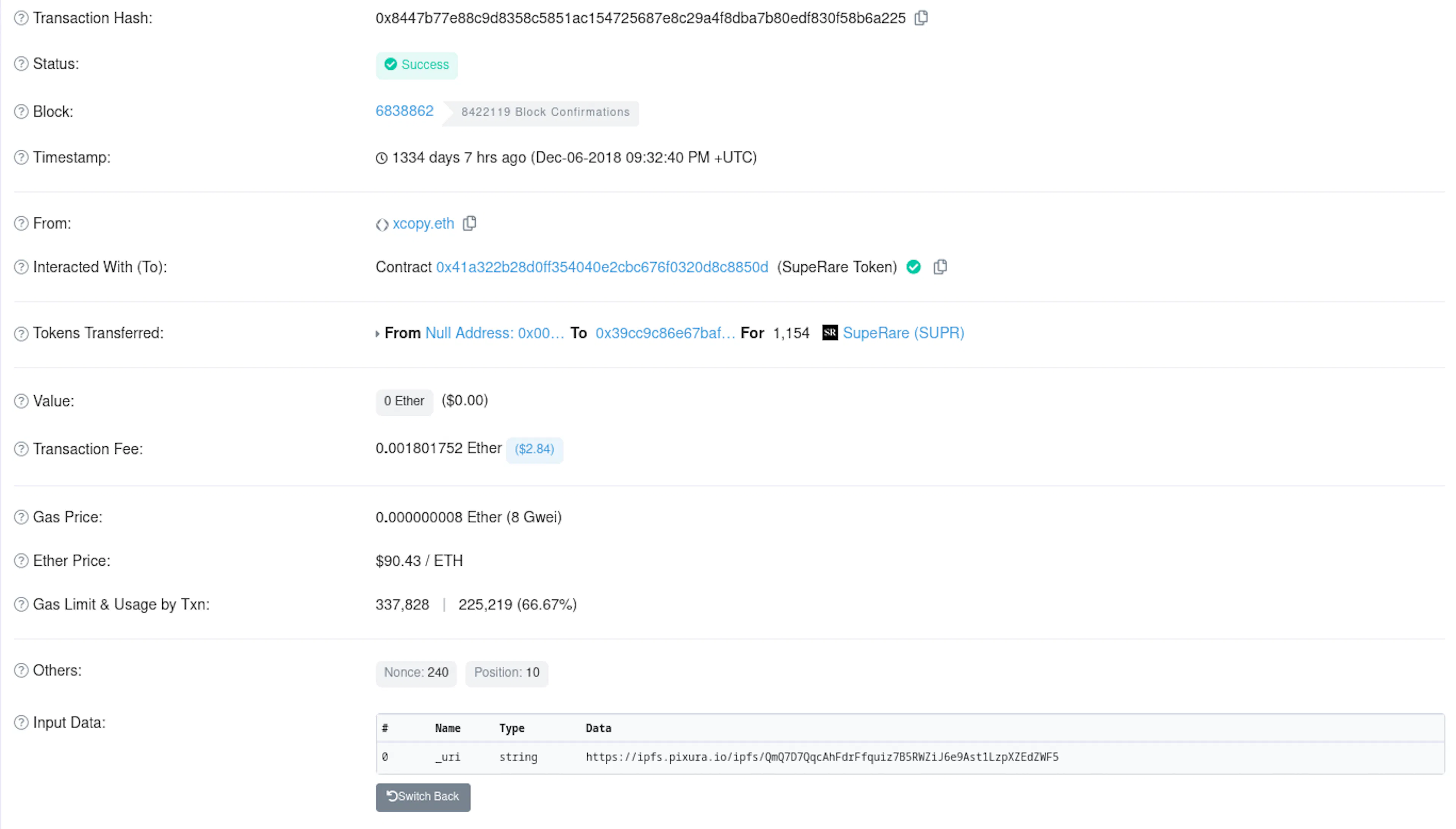 The transaction that minted Right Click Guy. The input data field has been decoded to show the URI of the NFT