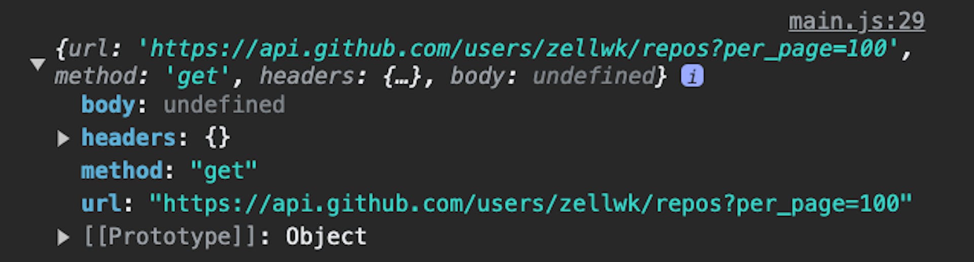 Consol log that shows the url, headers, method, and request body that is sent out to the server.