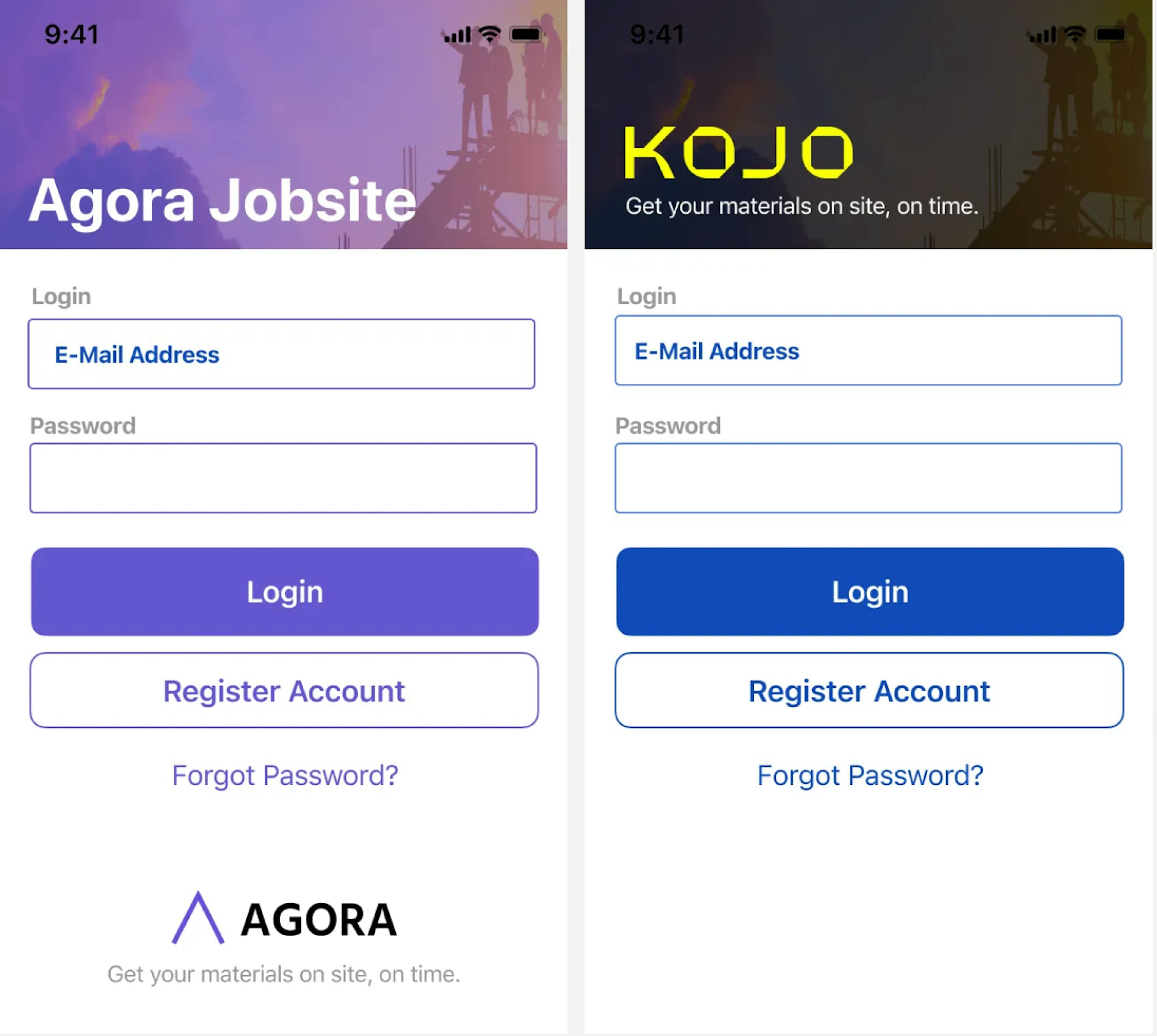 Our old Agora login page vs the new Kojo screen