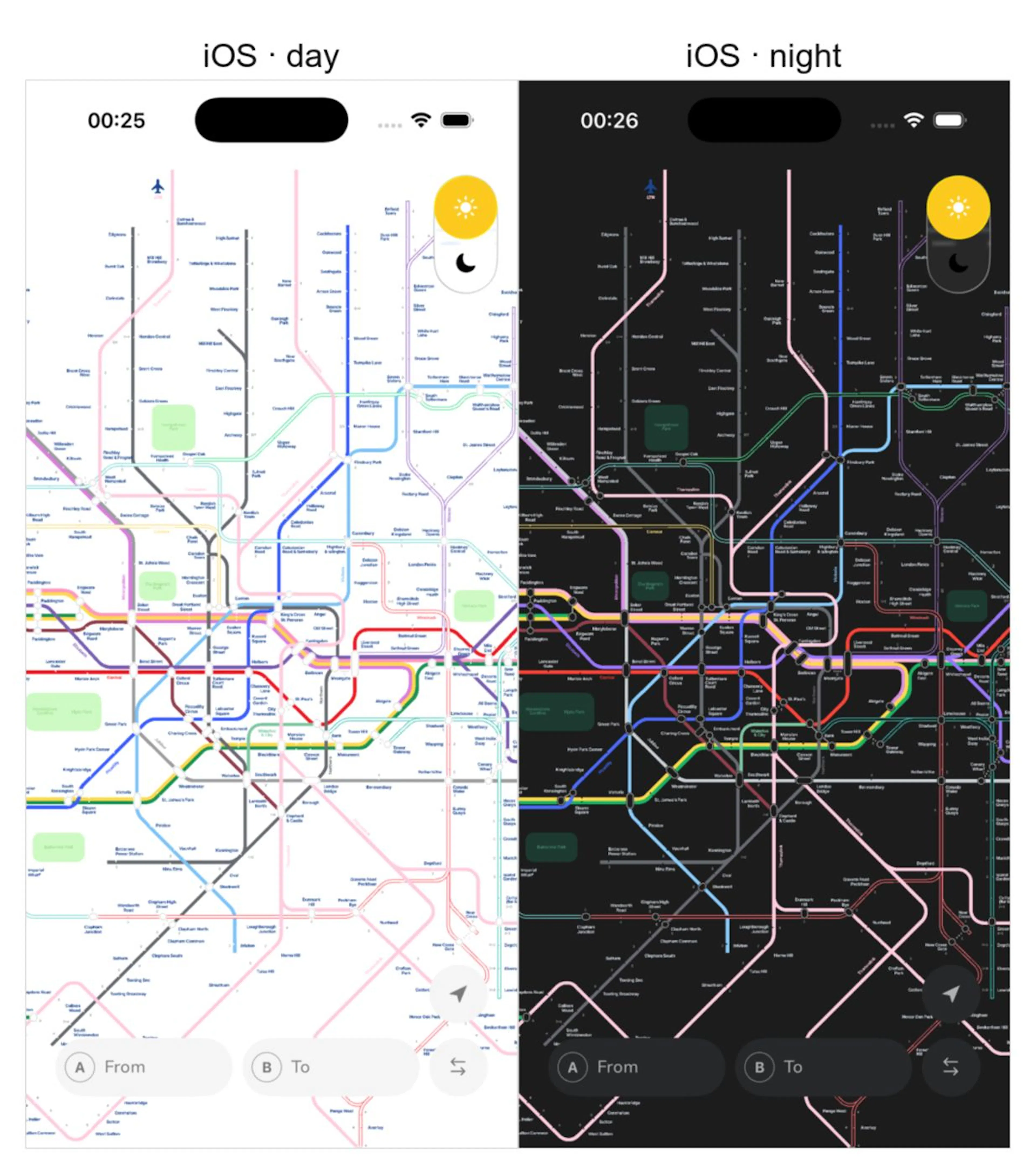 Tube Map on iOS, day and night. The diagram itself was drawn by hand; the client only renders it.