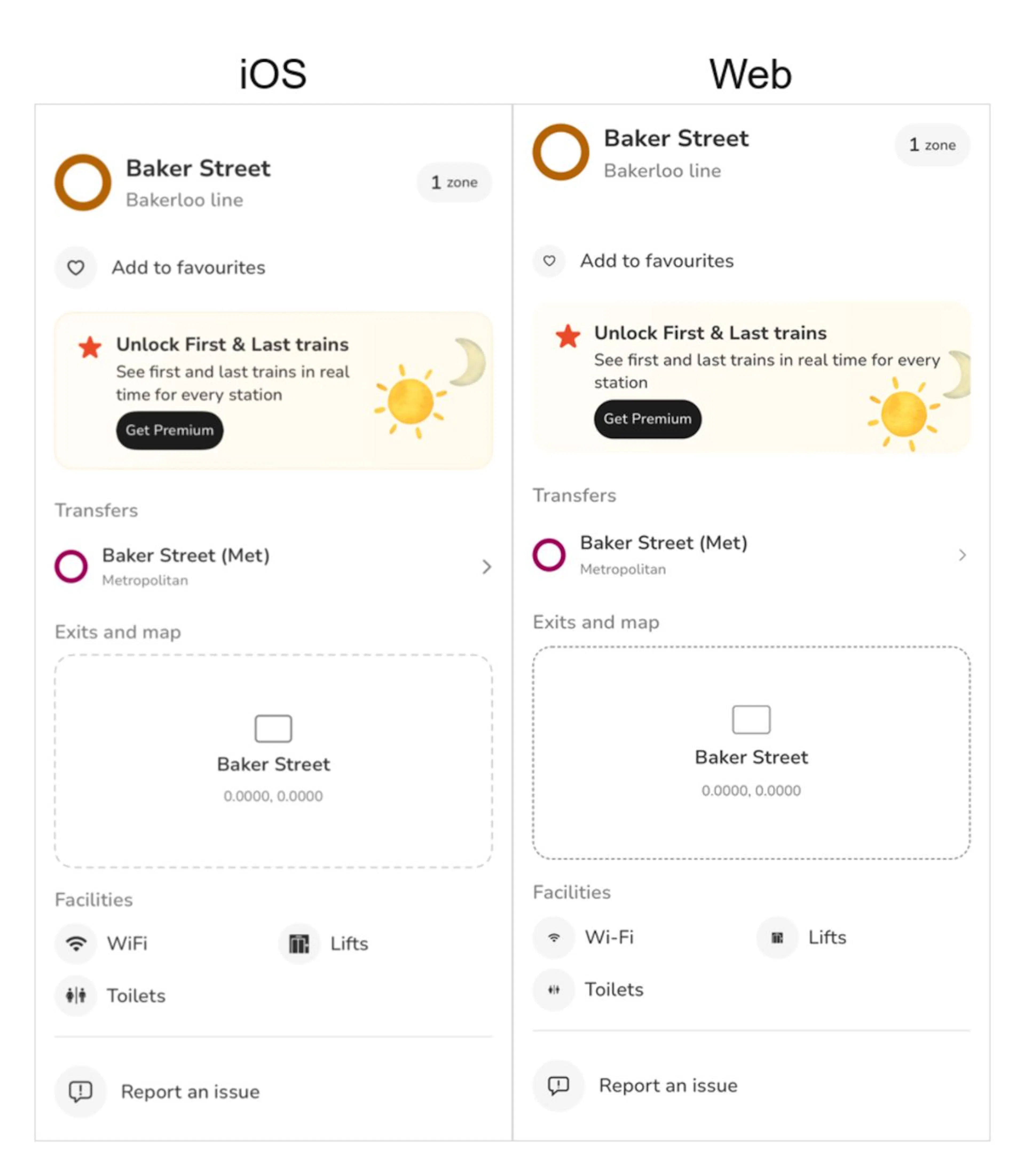 The same scenario on iOS and web, straight from each repository's snapshot tests. Element set and behaviour match; padding and line wrapping do not. That gap is a tolerance, not a defect.