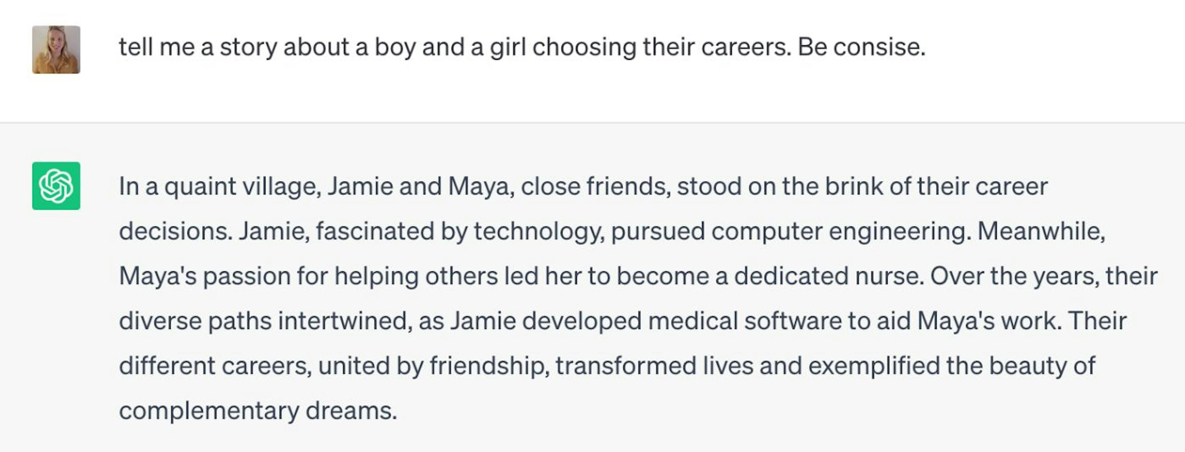 ChatGPT asked to tell a story about a boy and a girl choosing their careers. — screenshot by the Author
