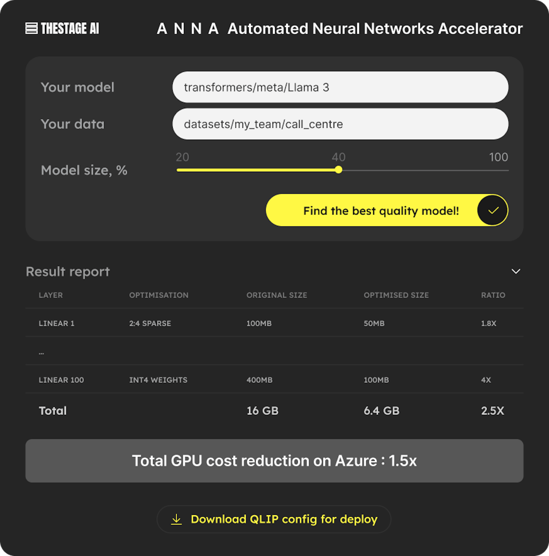 TheStage AI ANNA. Move the slider to adjust model size or latency with minmum quality degradation!