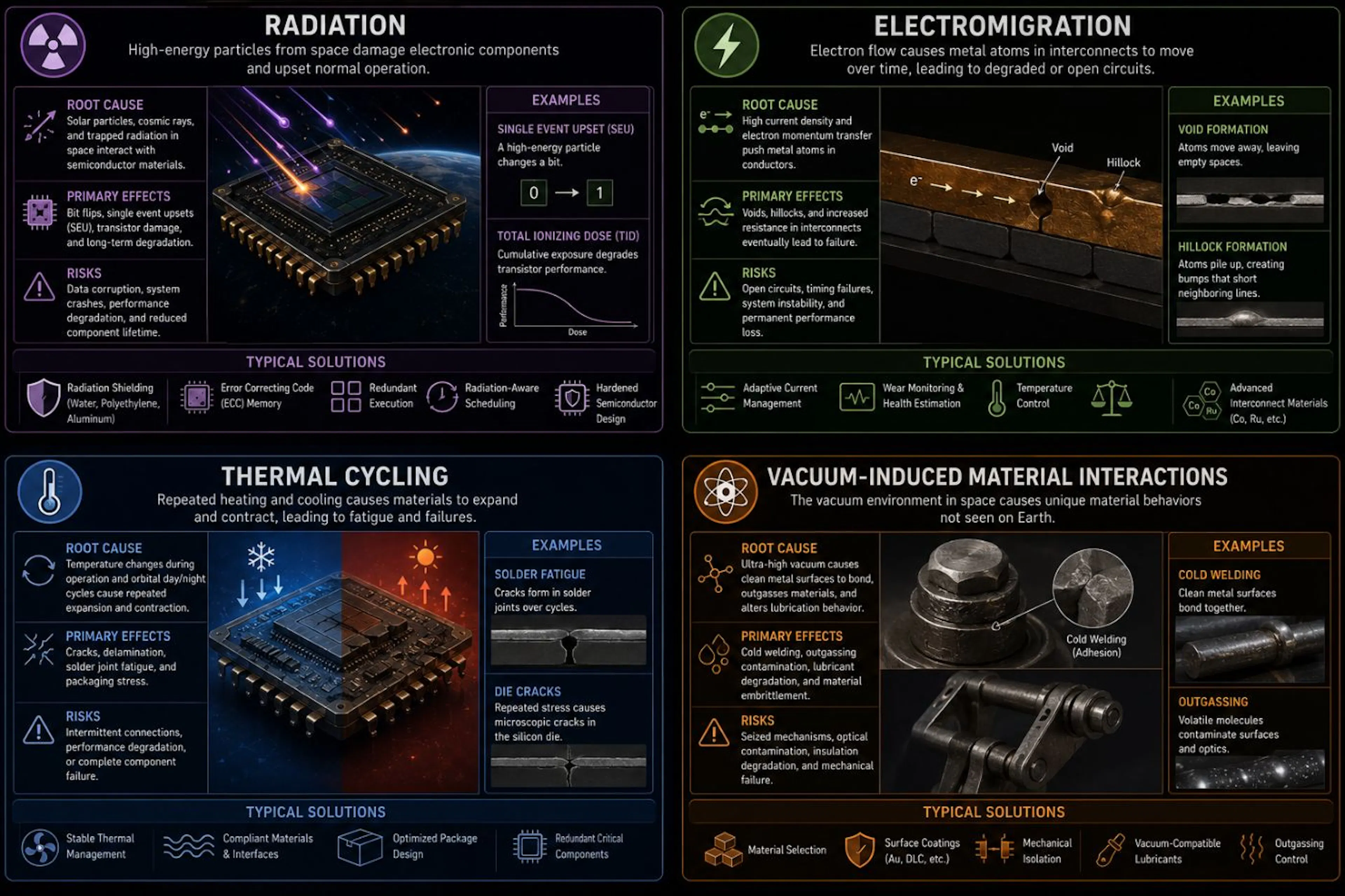 The four primary failure mechanisms affecting GPUs in space