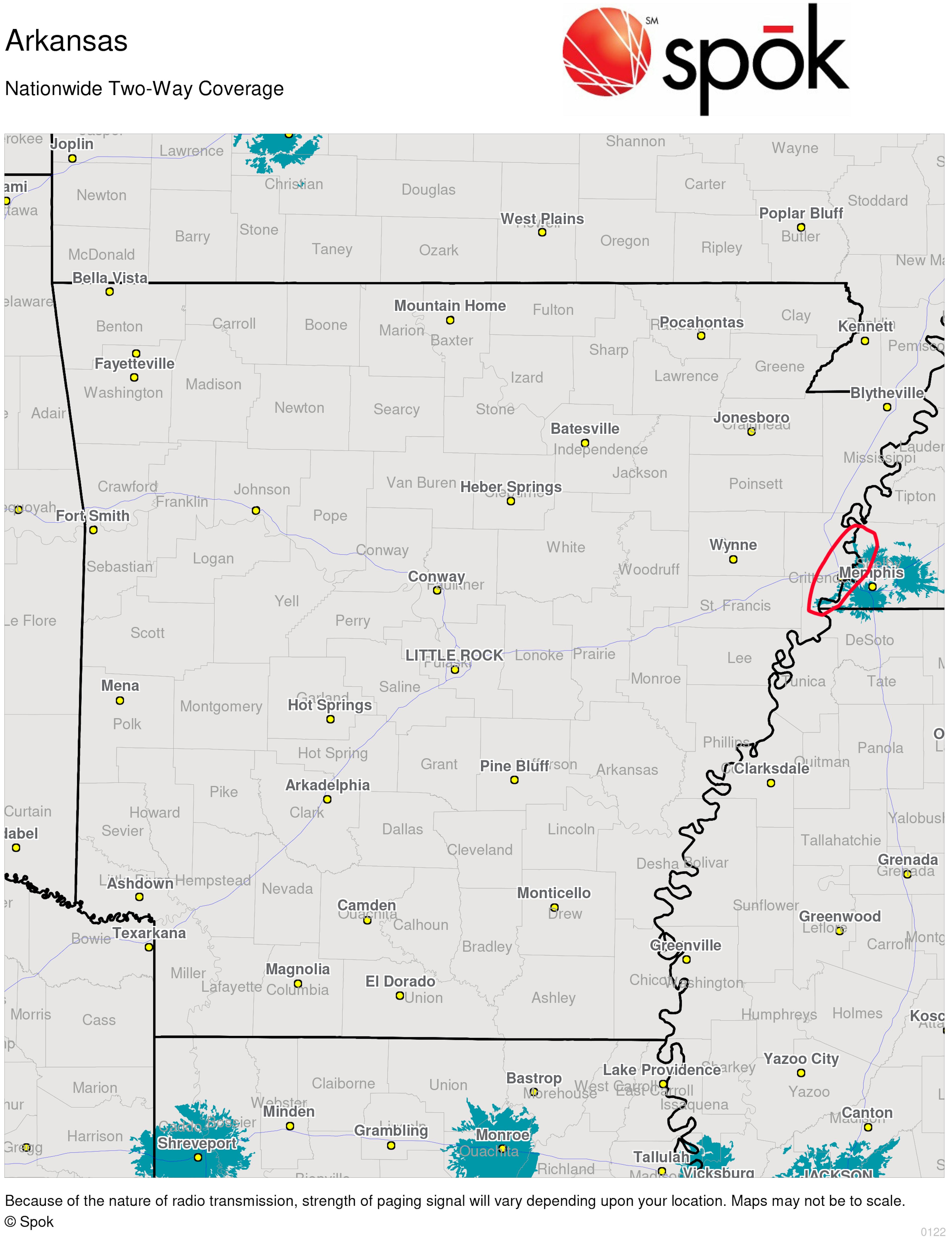Arkansas Two-Way Pager Coverage Map. Copyright Spok, Inc.