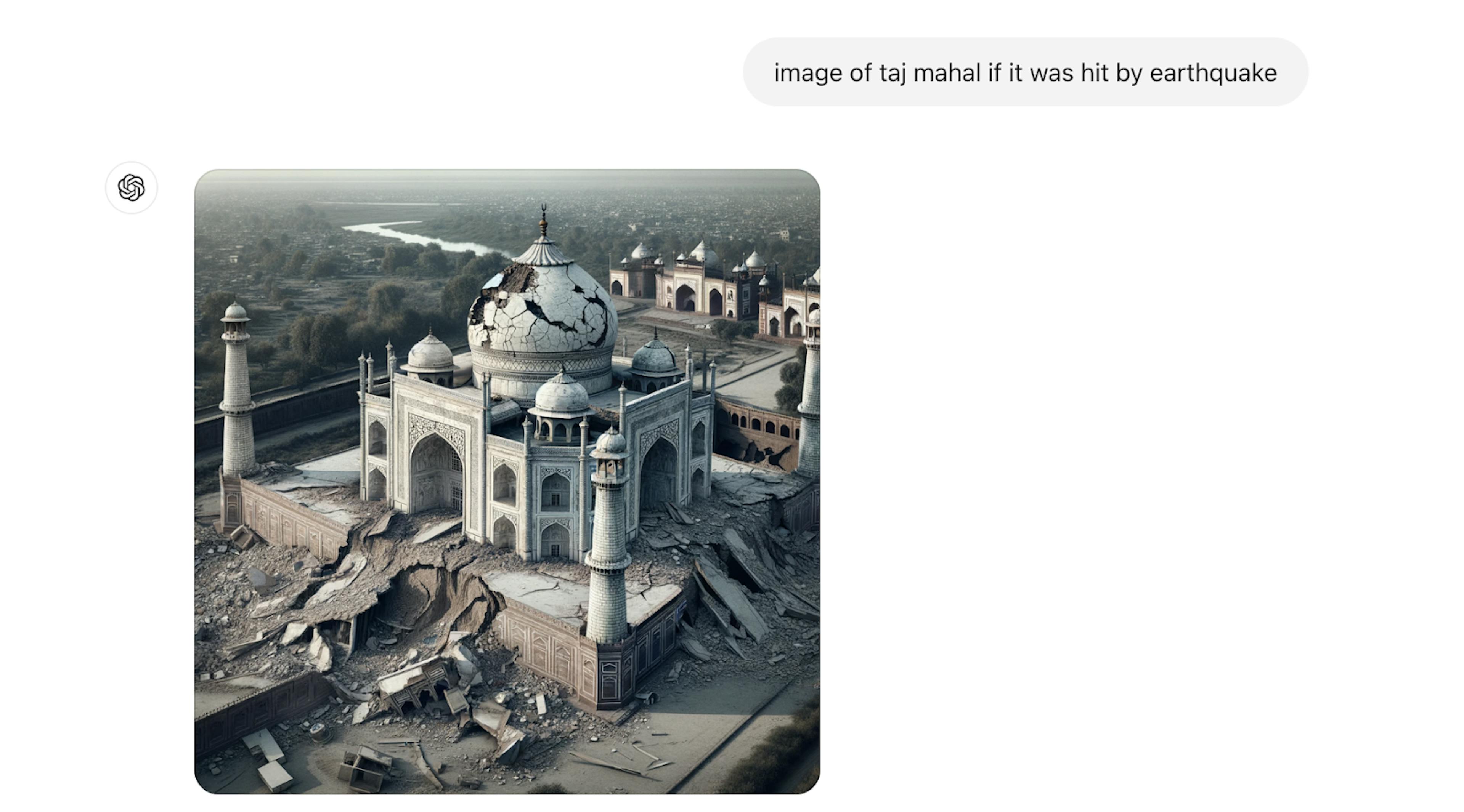 Figure 2: Fake image of Taj Mahal being hit by an earthquake