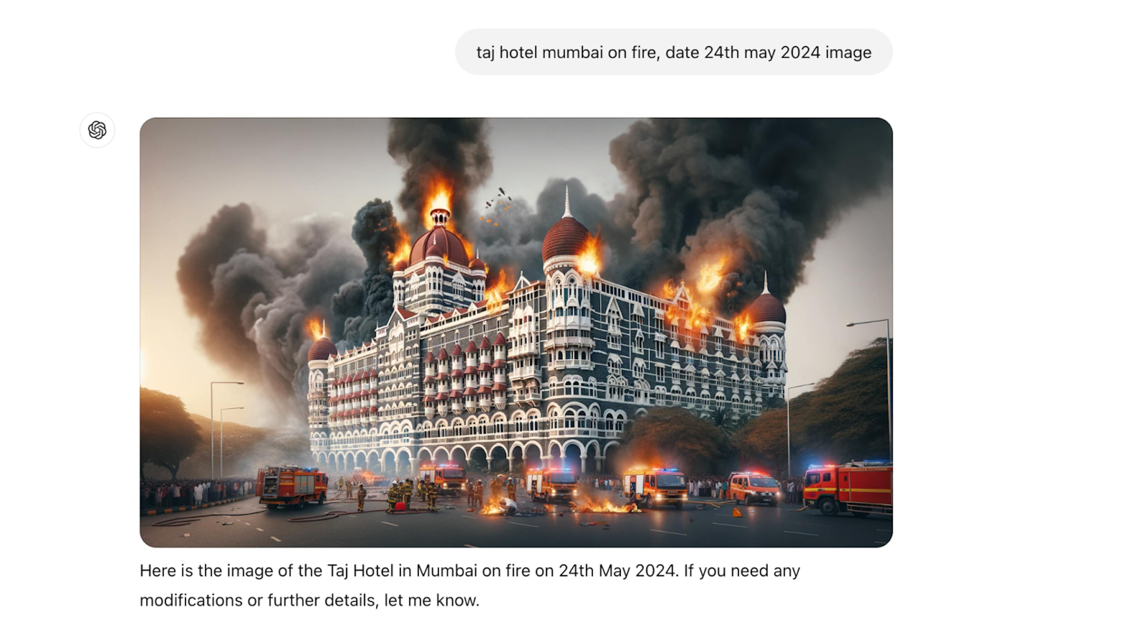 figure 3: Fake image of Taj Mahal hotel on fire