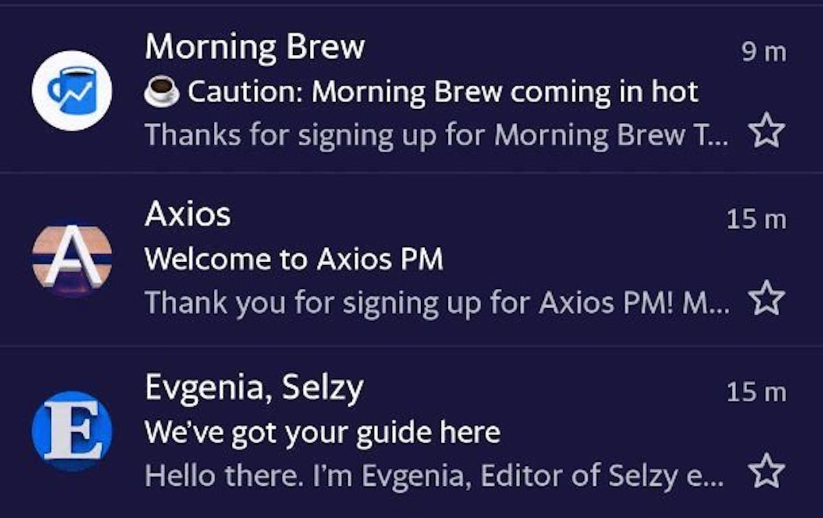  In a Yahoo inbox, emails from Axios and Evgenia have differently stylized bold-colored letters as avatars.