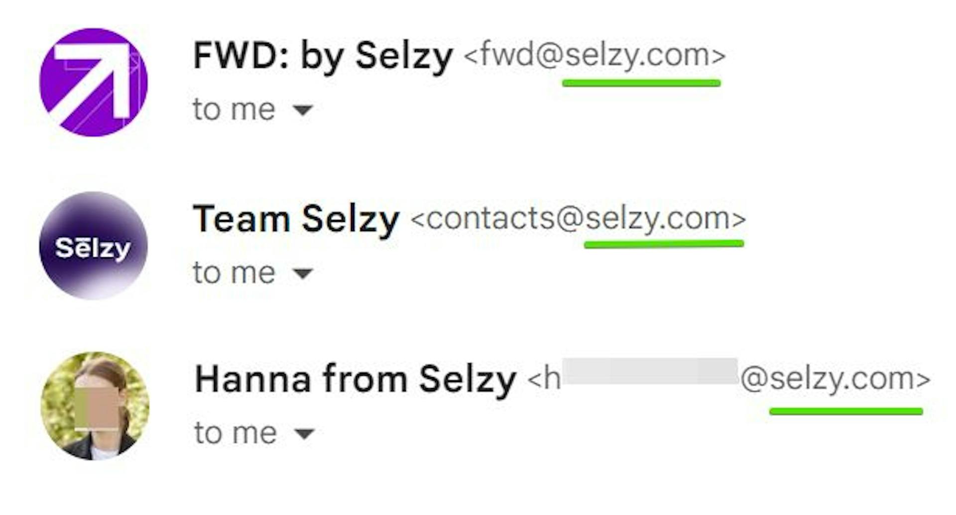 Selzy has a blog digest and a newsletter with product updates for users. These emails, including work emails from the team members, come from the same selzy.com domain but each type has a different avatar.