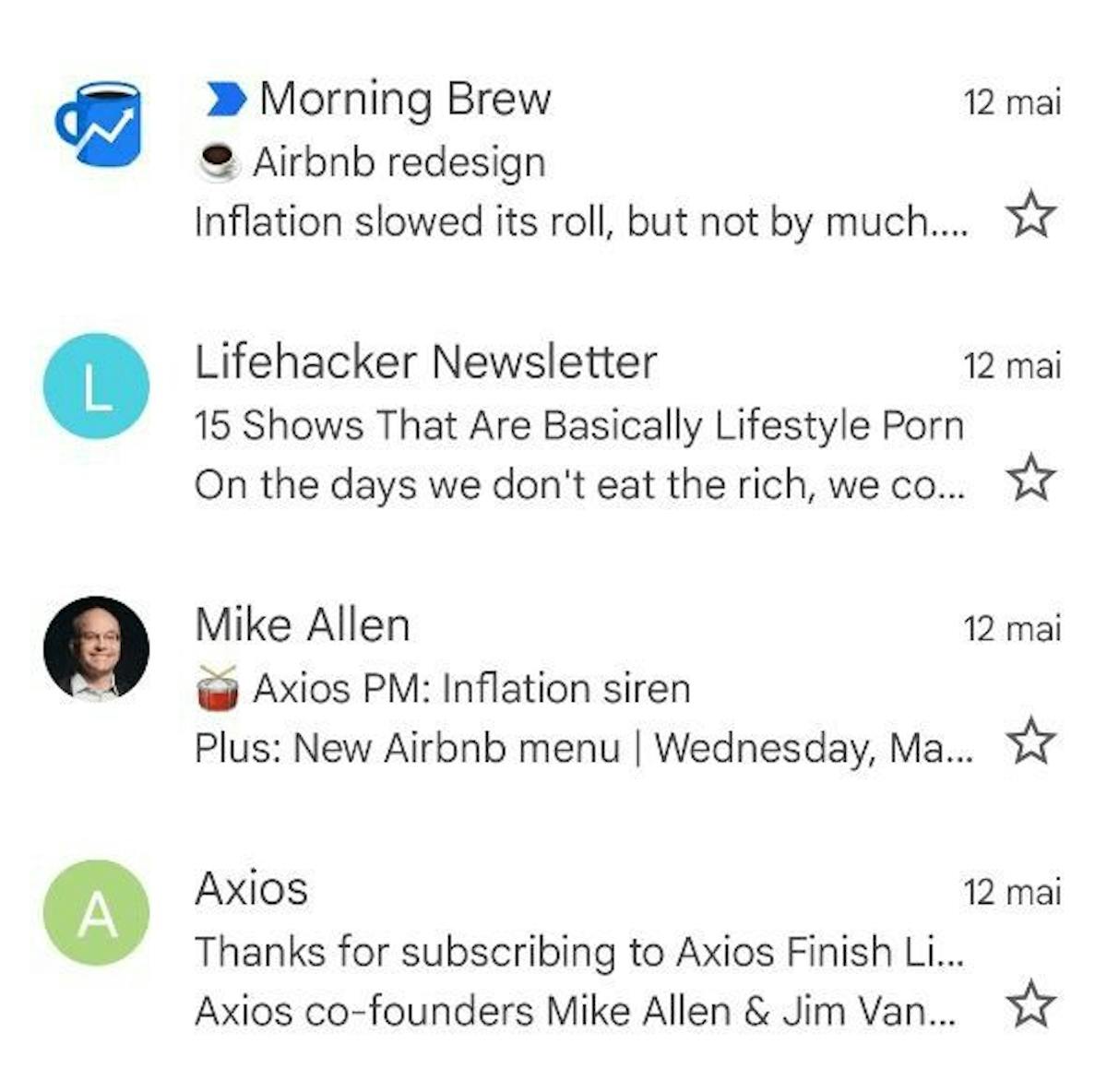 Morning Brew has their logo set as an email avatar. Mike Allen chooses to display a photo of himself, while both Lifehacker Newsletter and Axior have auto-generated avatars displayed with the letters L and A in colorful circles.