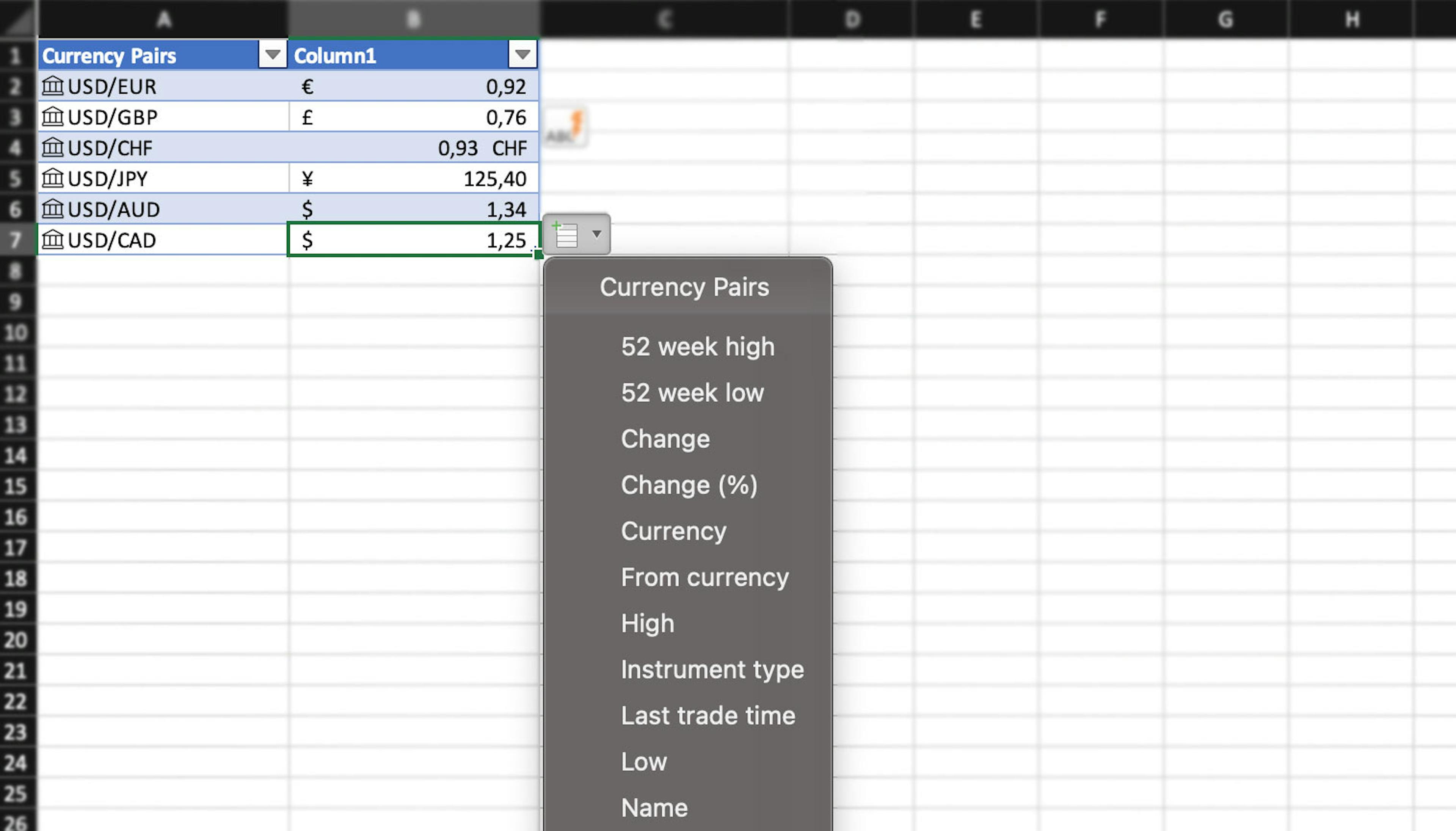 Using the icon to see all the currency data categories