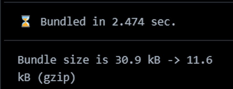 Image of bundle results in the console. It shows the bundle time and the compressed/un-compressed bundle size