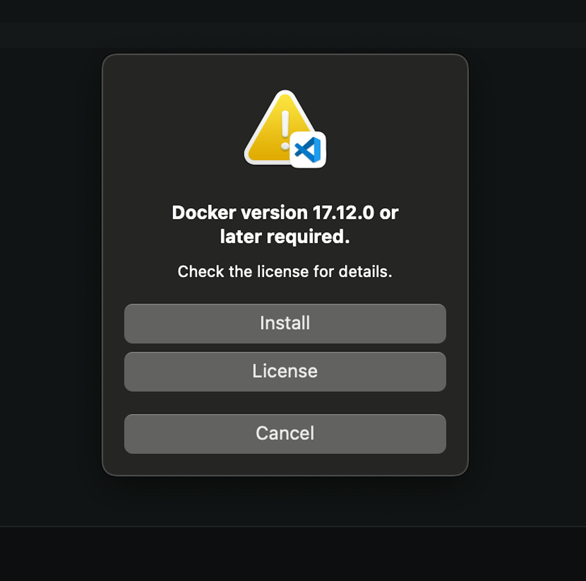 Vscode error about Docker version 17.12.0 not being installed