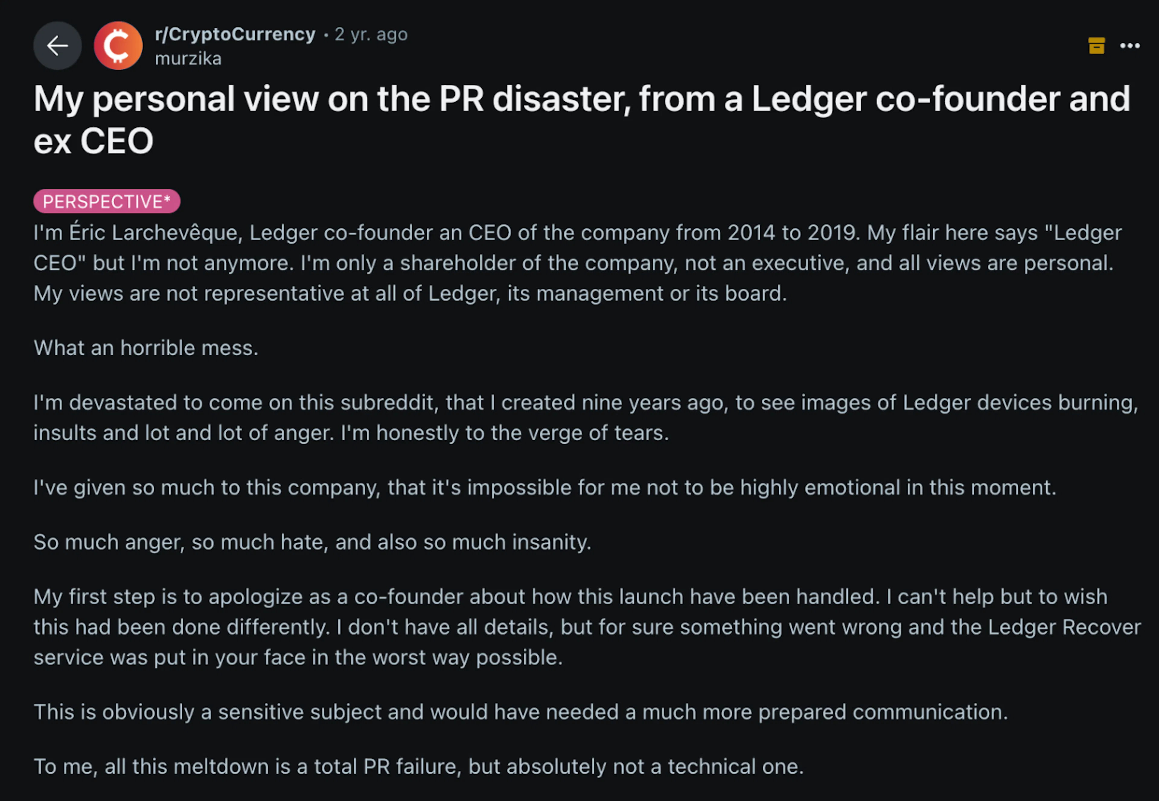 Eric Larchevêque: My personal view on the PR disaster, from a Ledger co-founder and ex CEO