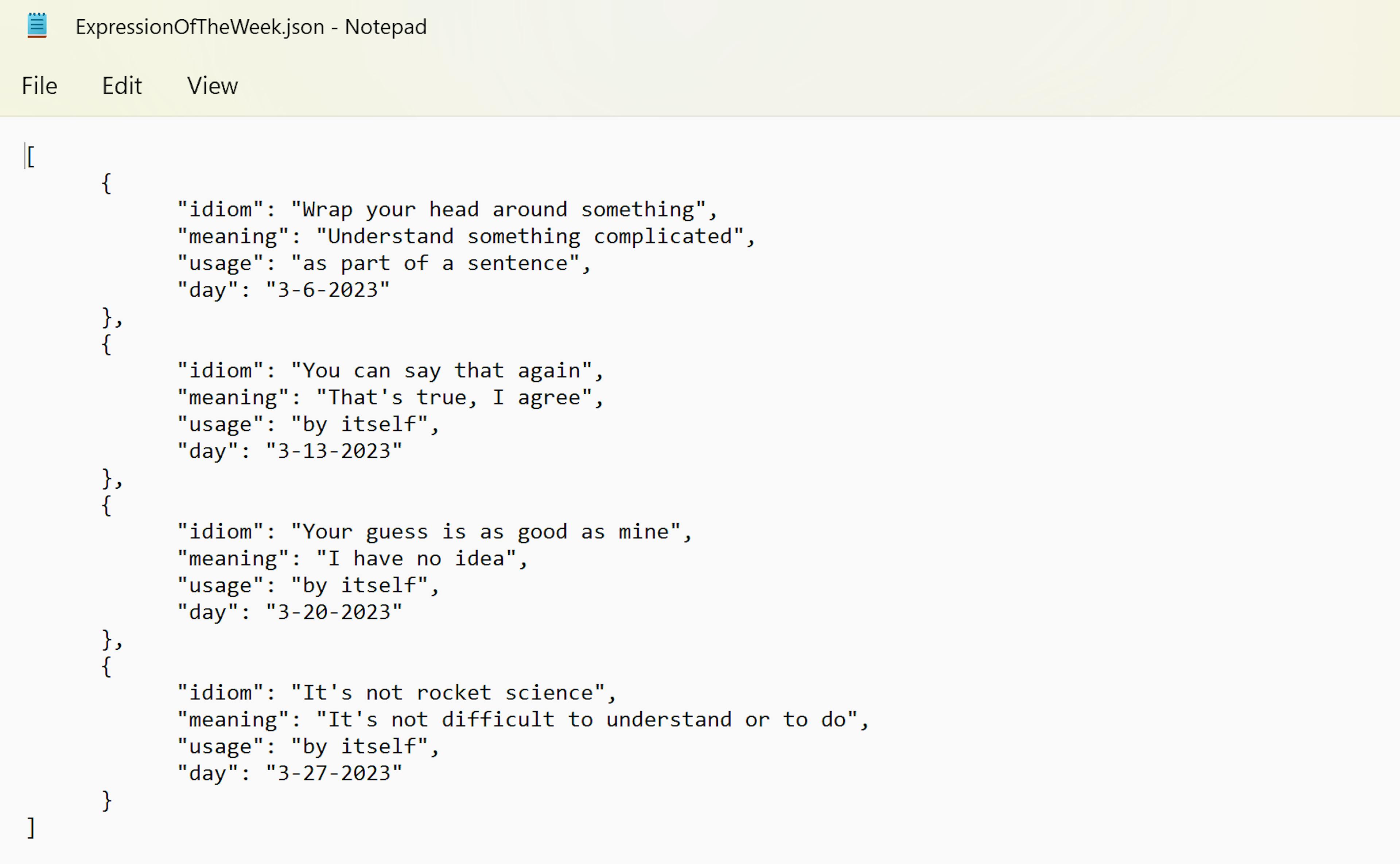 Write your file on a simple App like Notepad. Rename it to be a .json file.