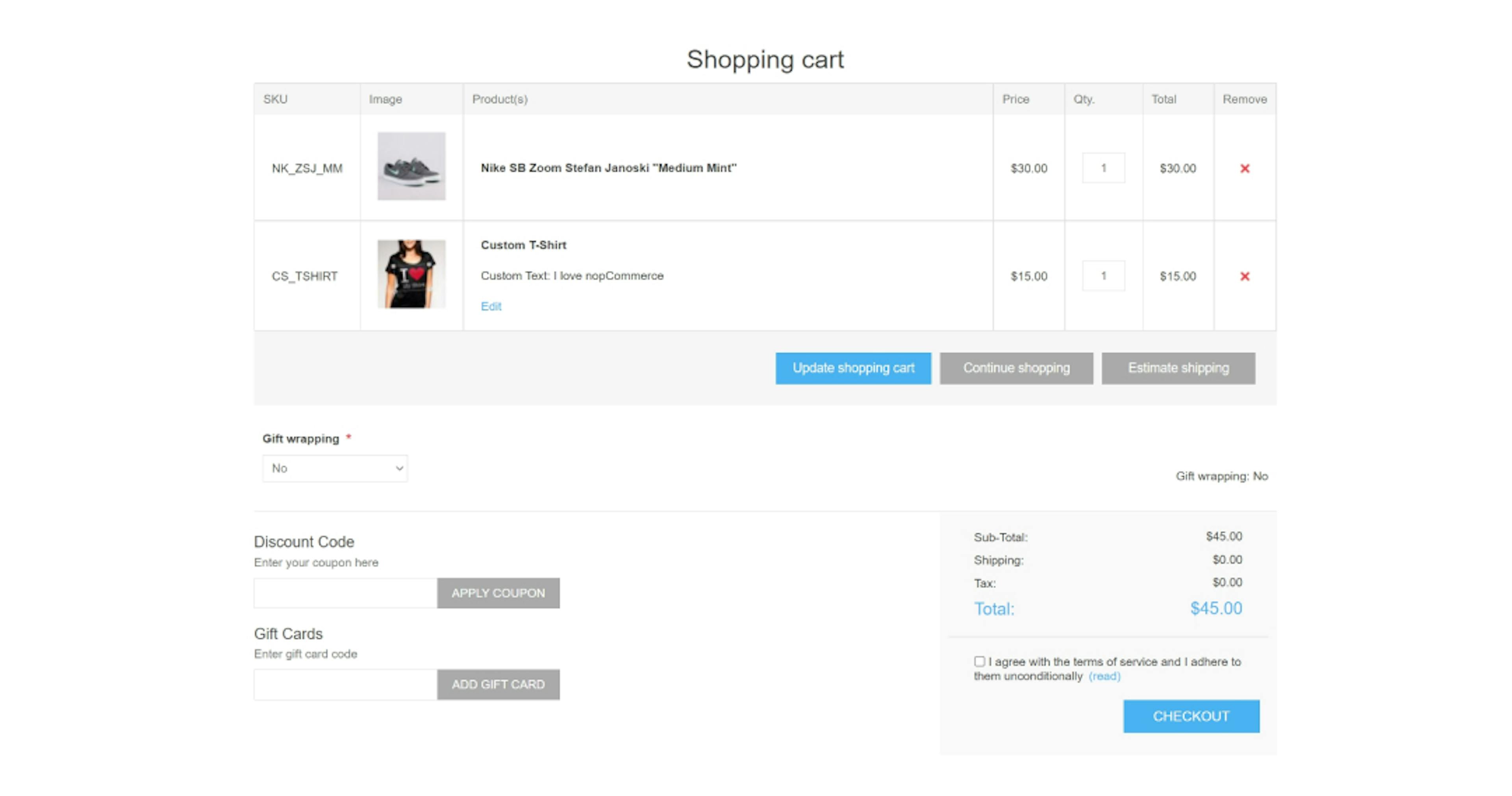 nopCommerce shopping cart