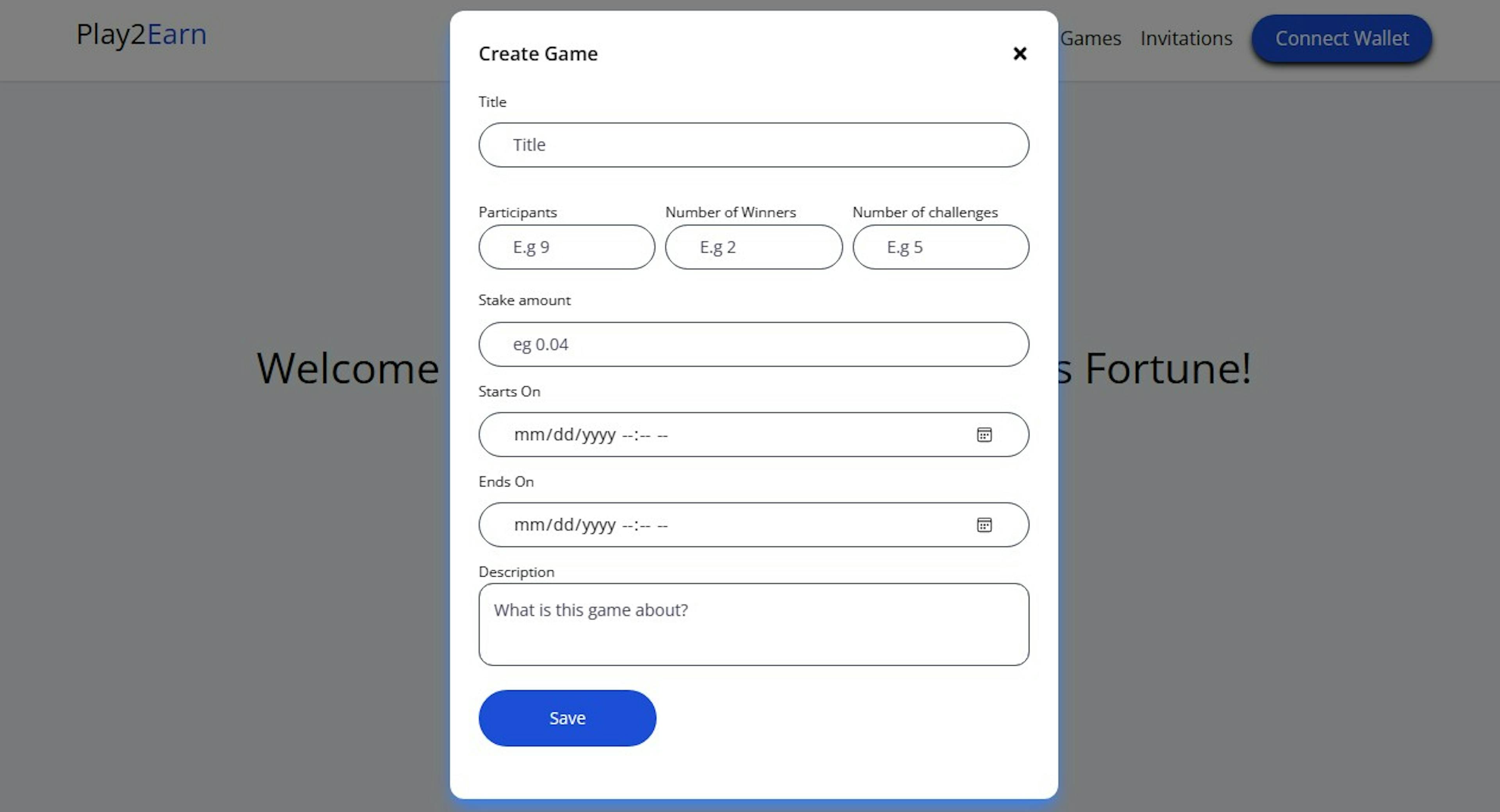 Create a new game modal