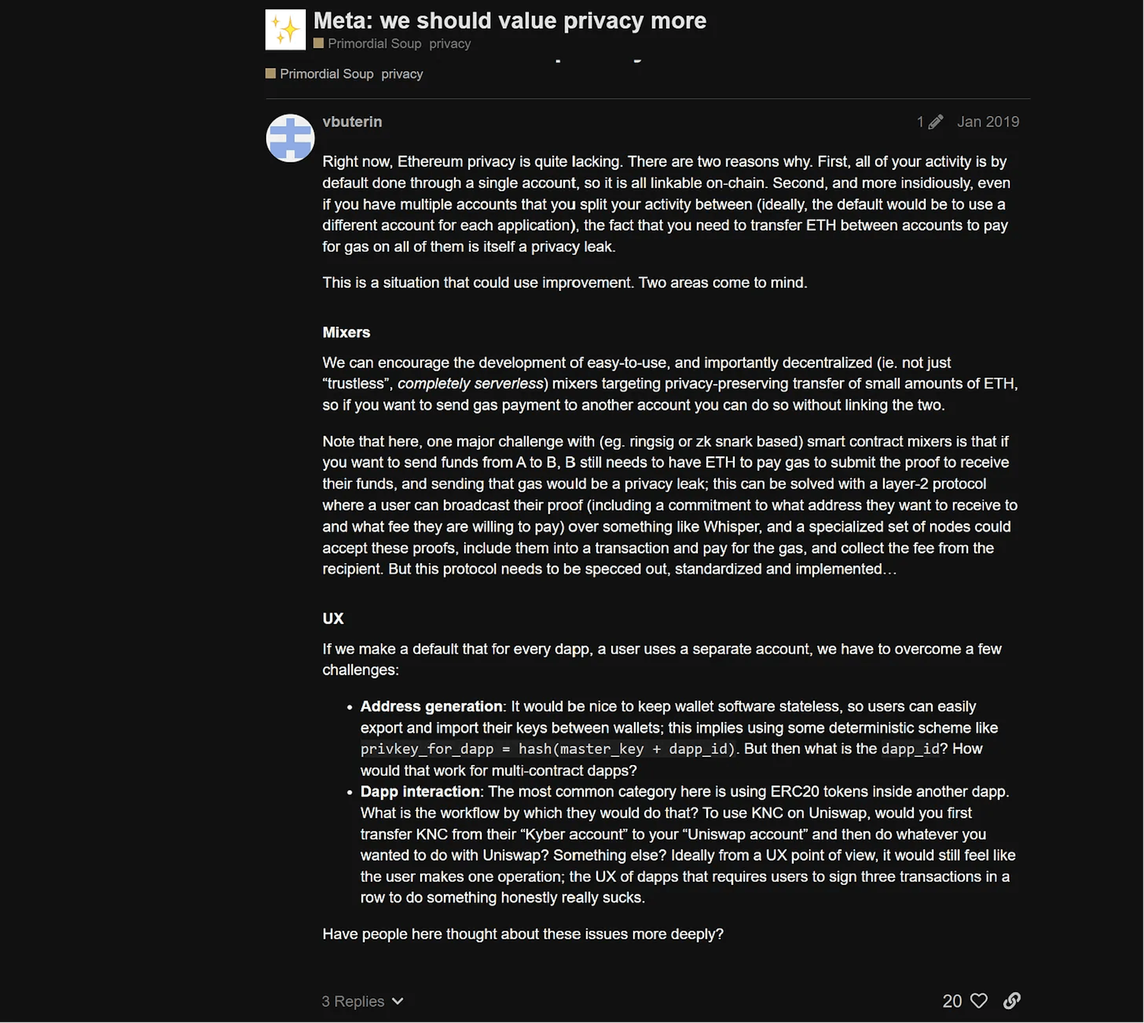 Vitalik’s original forum post calling for solutions to improve privacy for Ethereum users. (source)