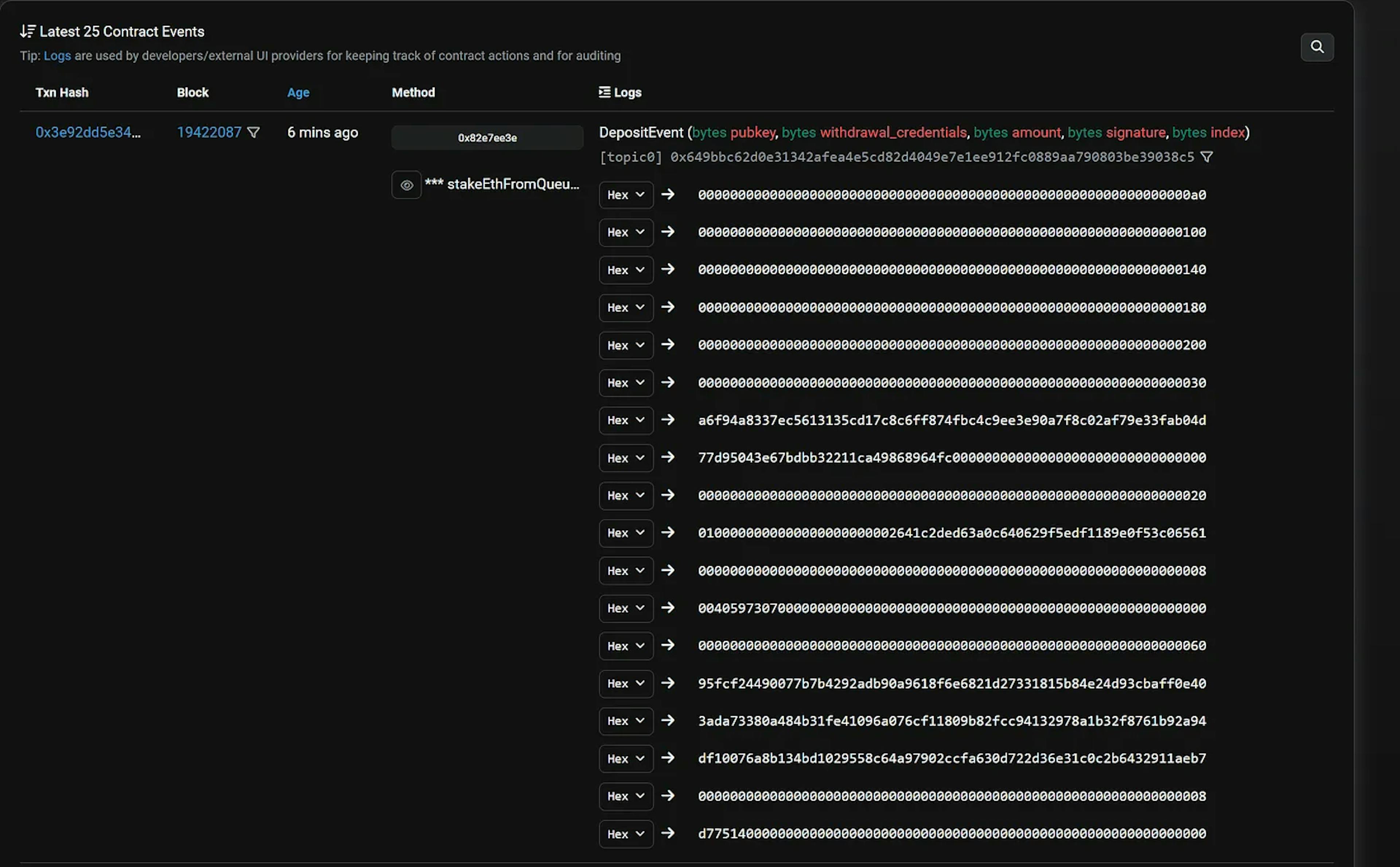 Sample of event data emitted after a deposit transaction (source)