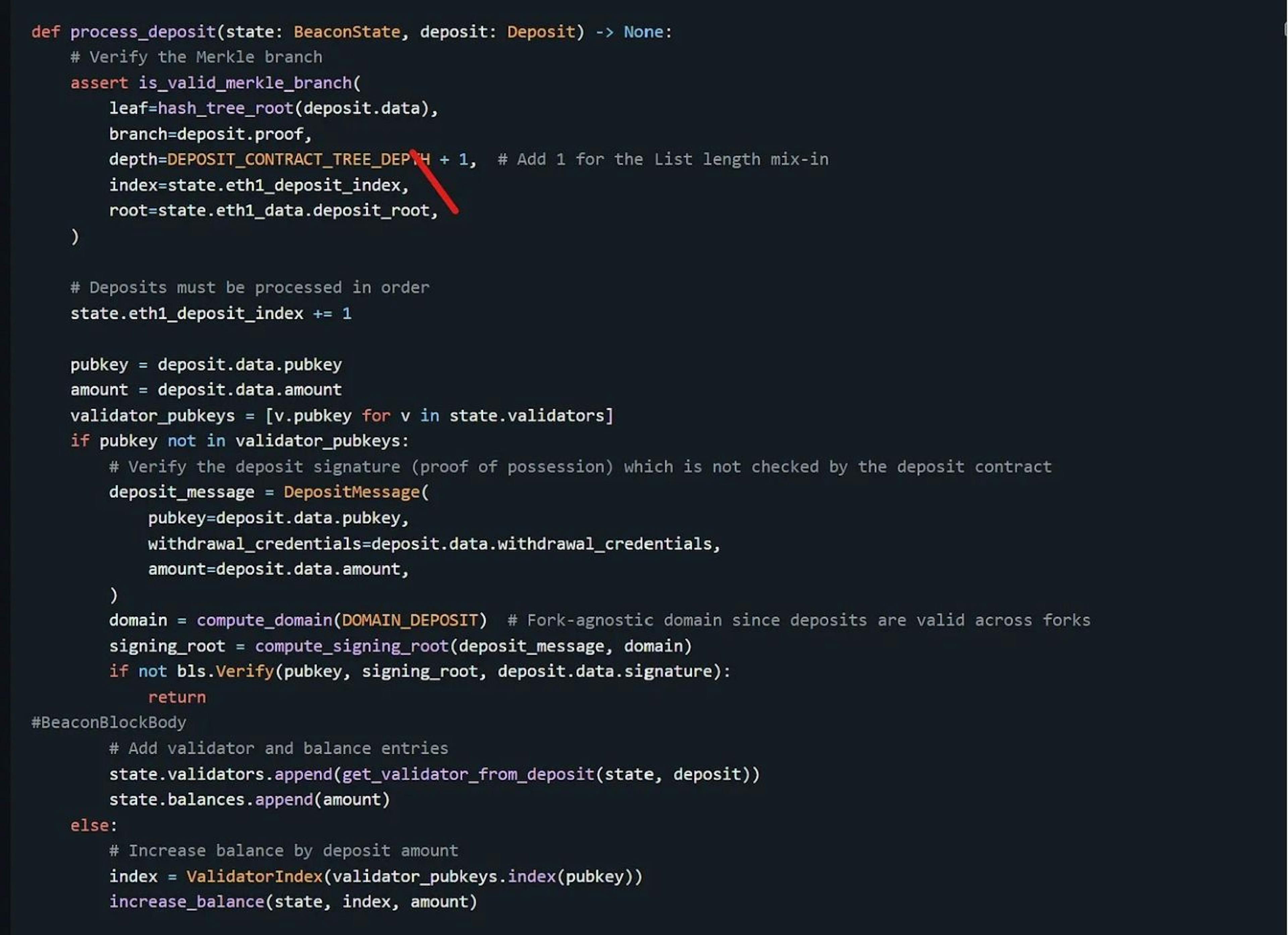 Old deposit processing workflow (notice validation of a Merkle proof). Source: https://github.com/ethereum/annotated-spec/blob/master/phase0/beacon-chain.md#deposits