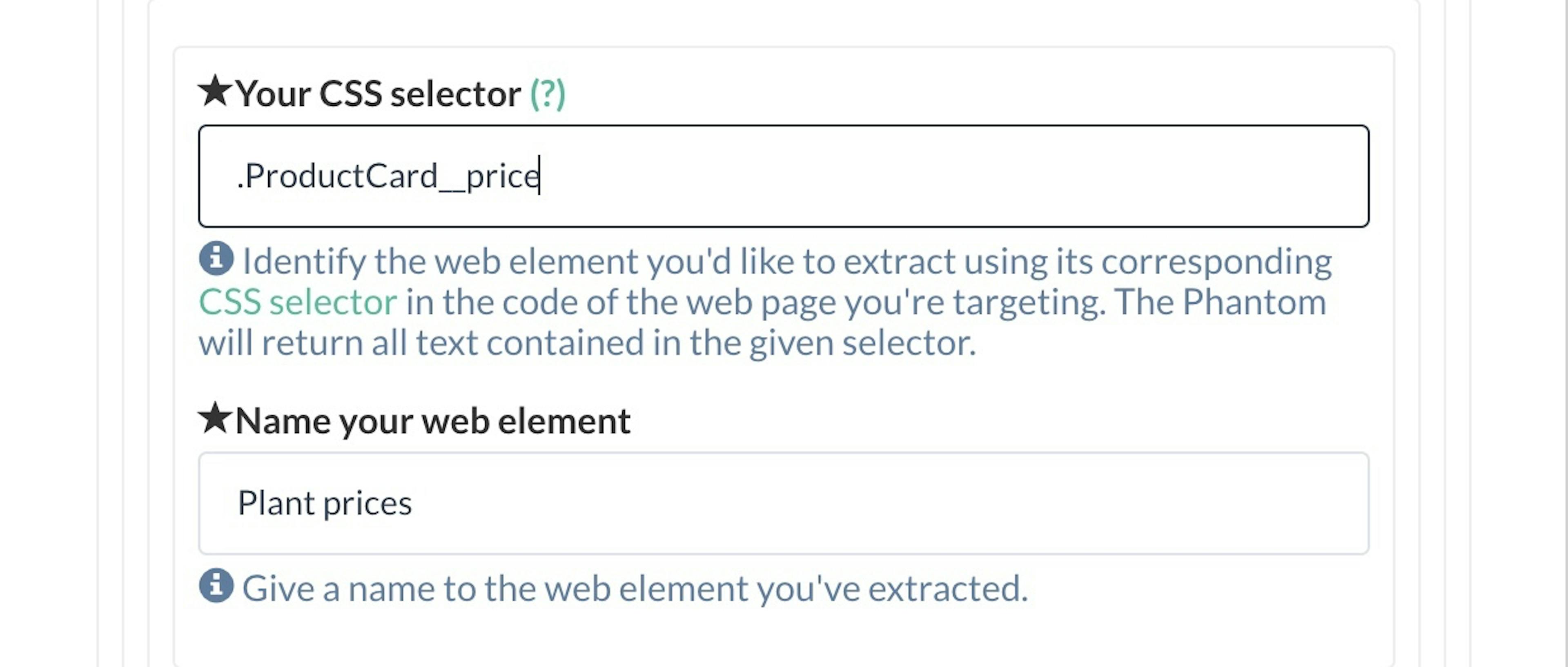 Your CSS selector should look like this in your Phantom's setup.