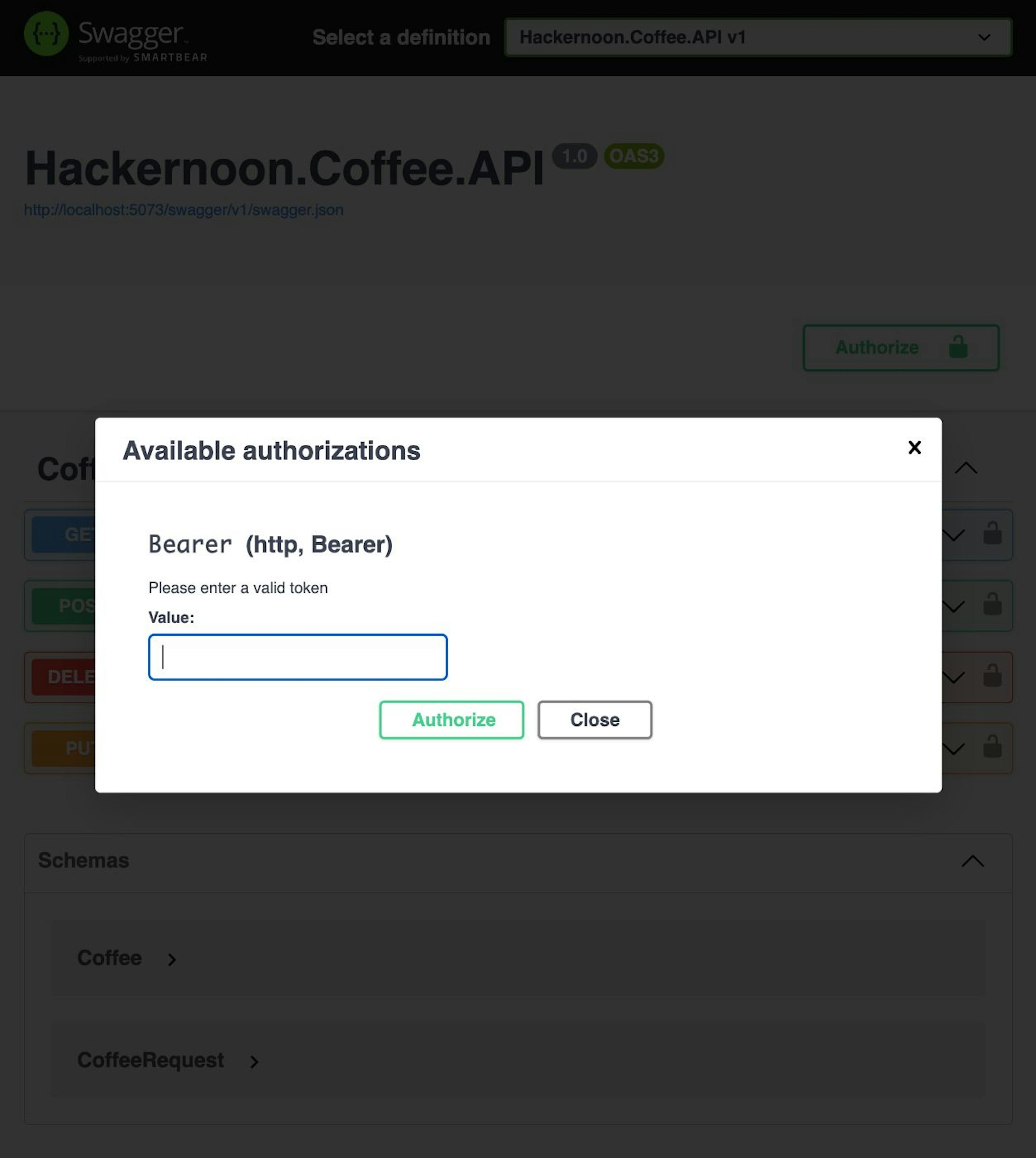 Coffee API - Enter JWT value