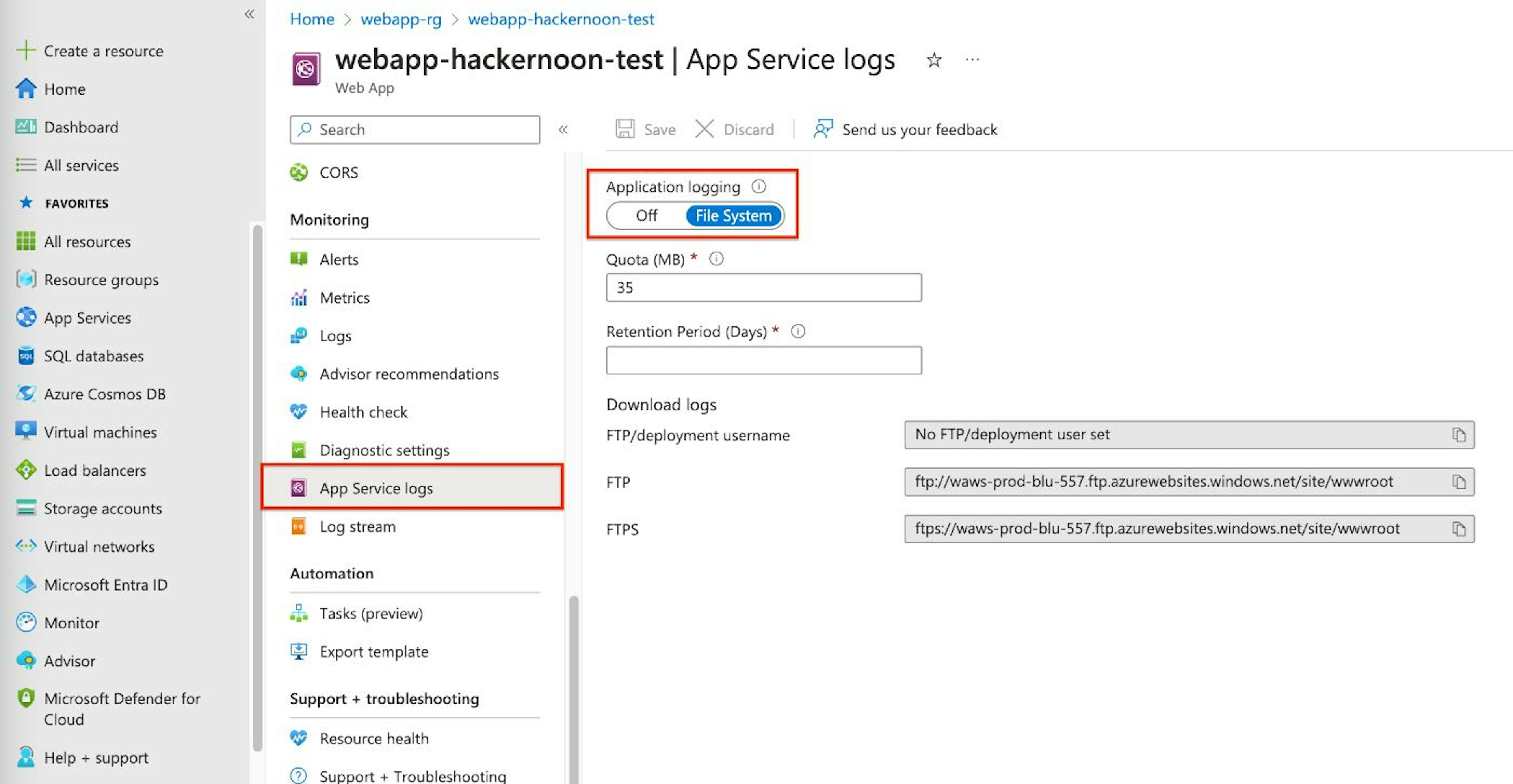 Aplicación web: registros de App Service