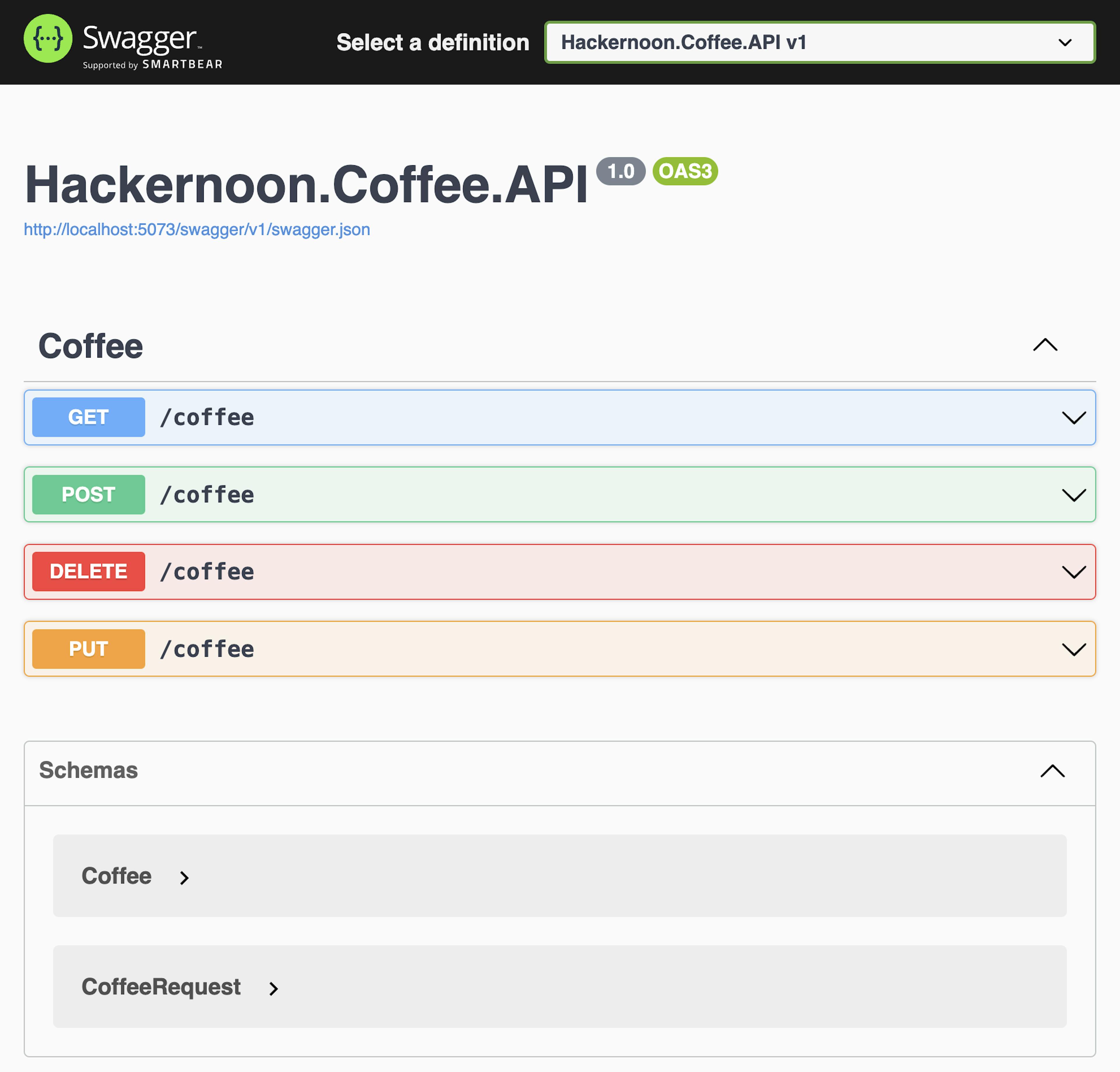 API кофе — пользовательский интерфейс Swagger