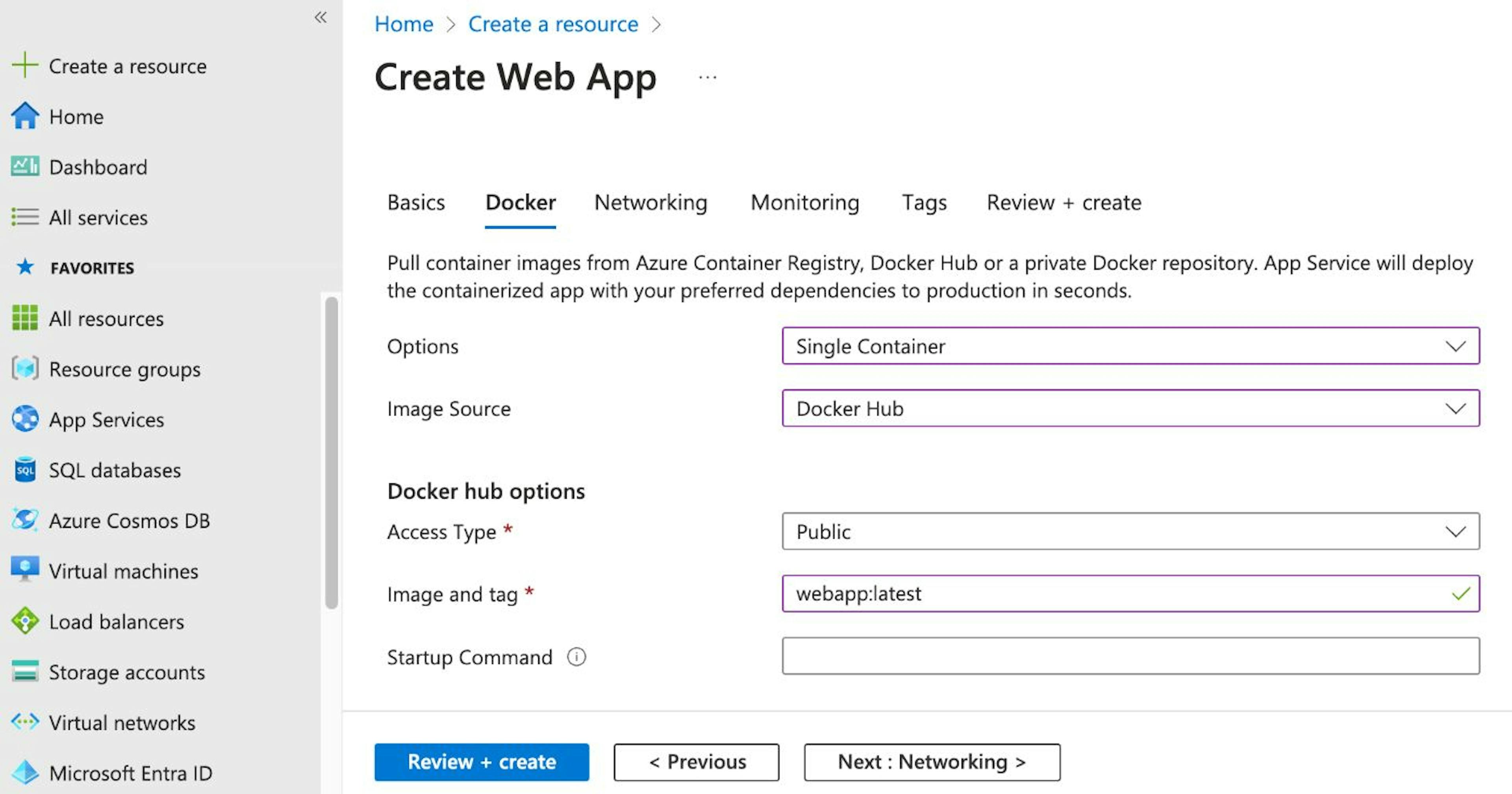 Create Web App: Docker tab