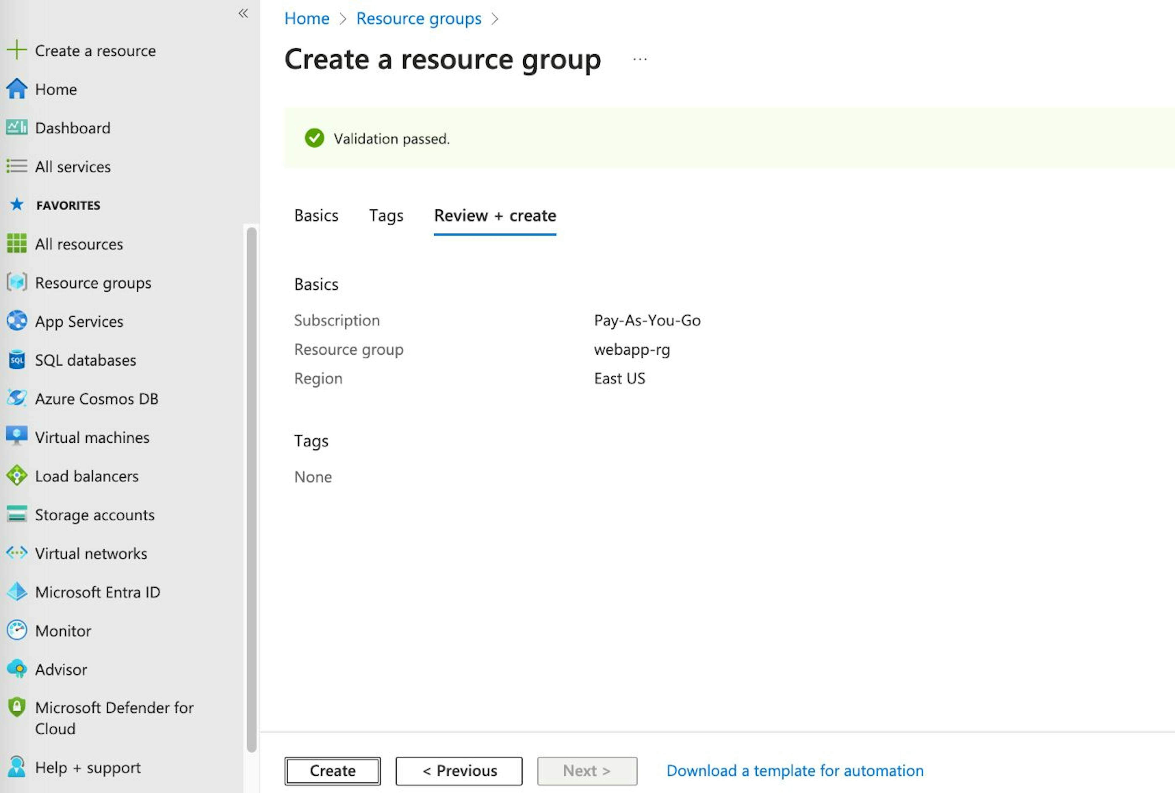 Create Resource Group: Review + create tab