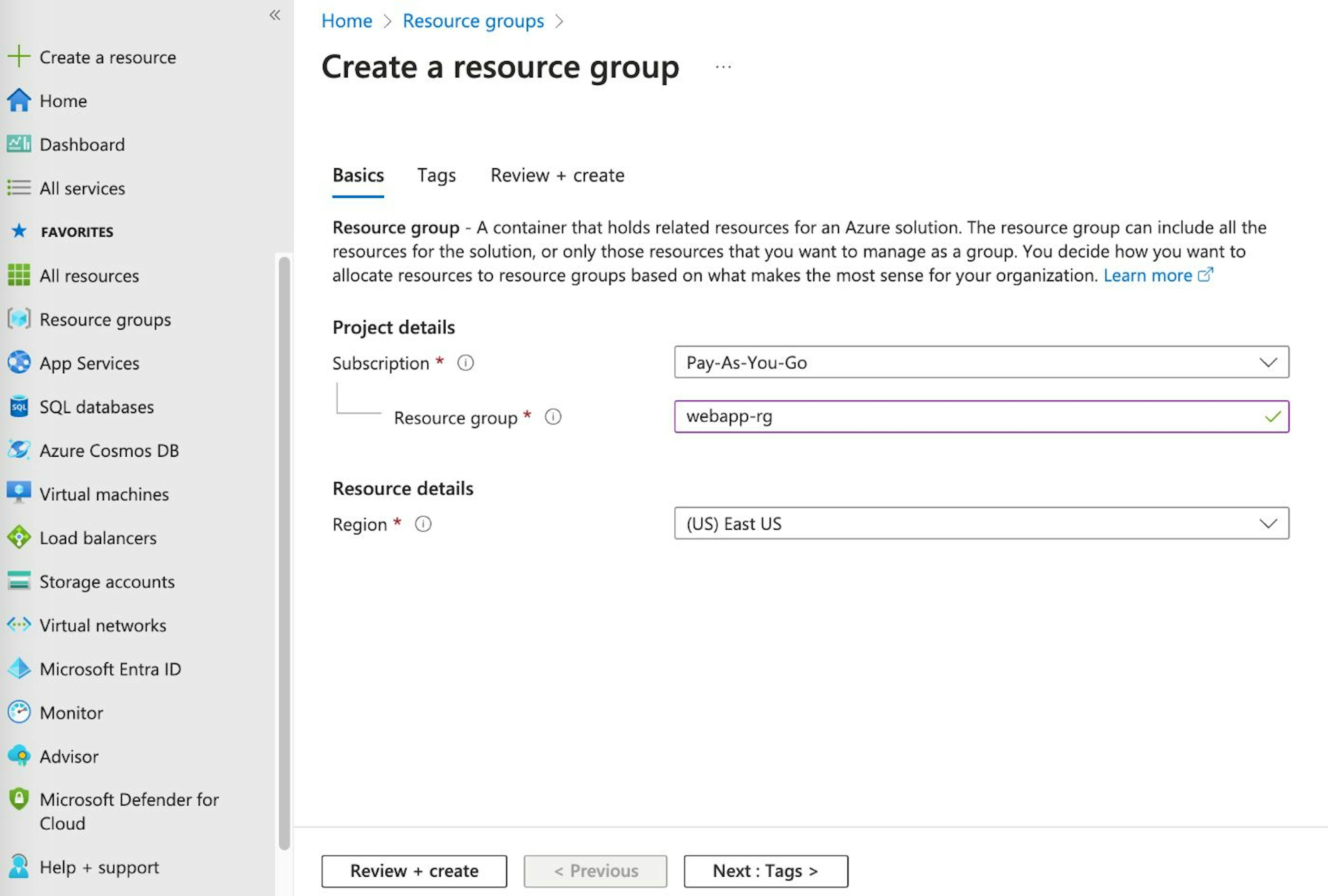 Create Resource Group: Basic tab