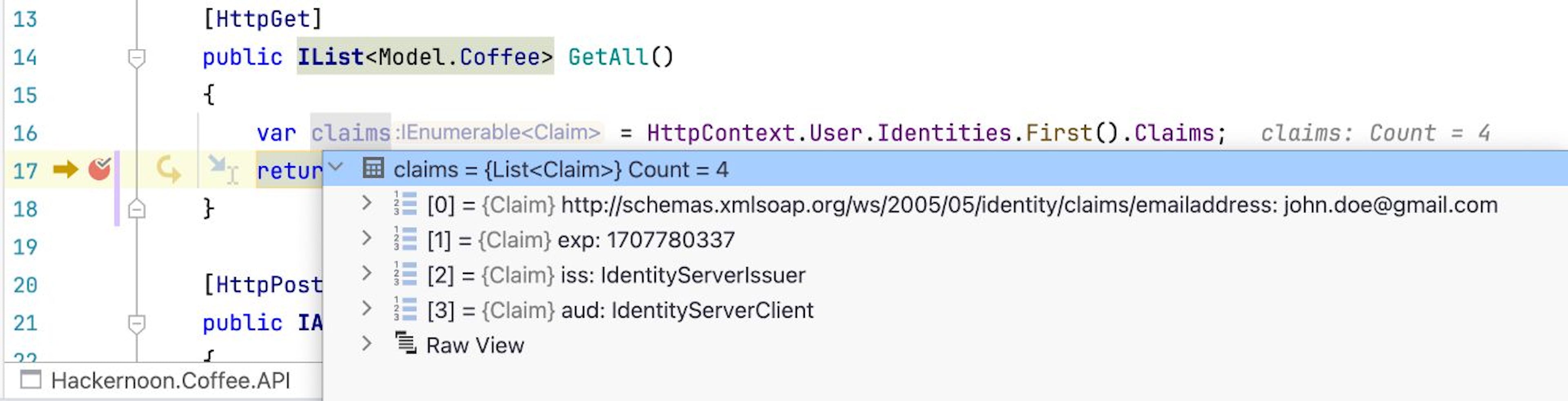 Coffee API - Claims are populated from the JWT