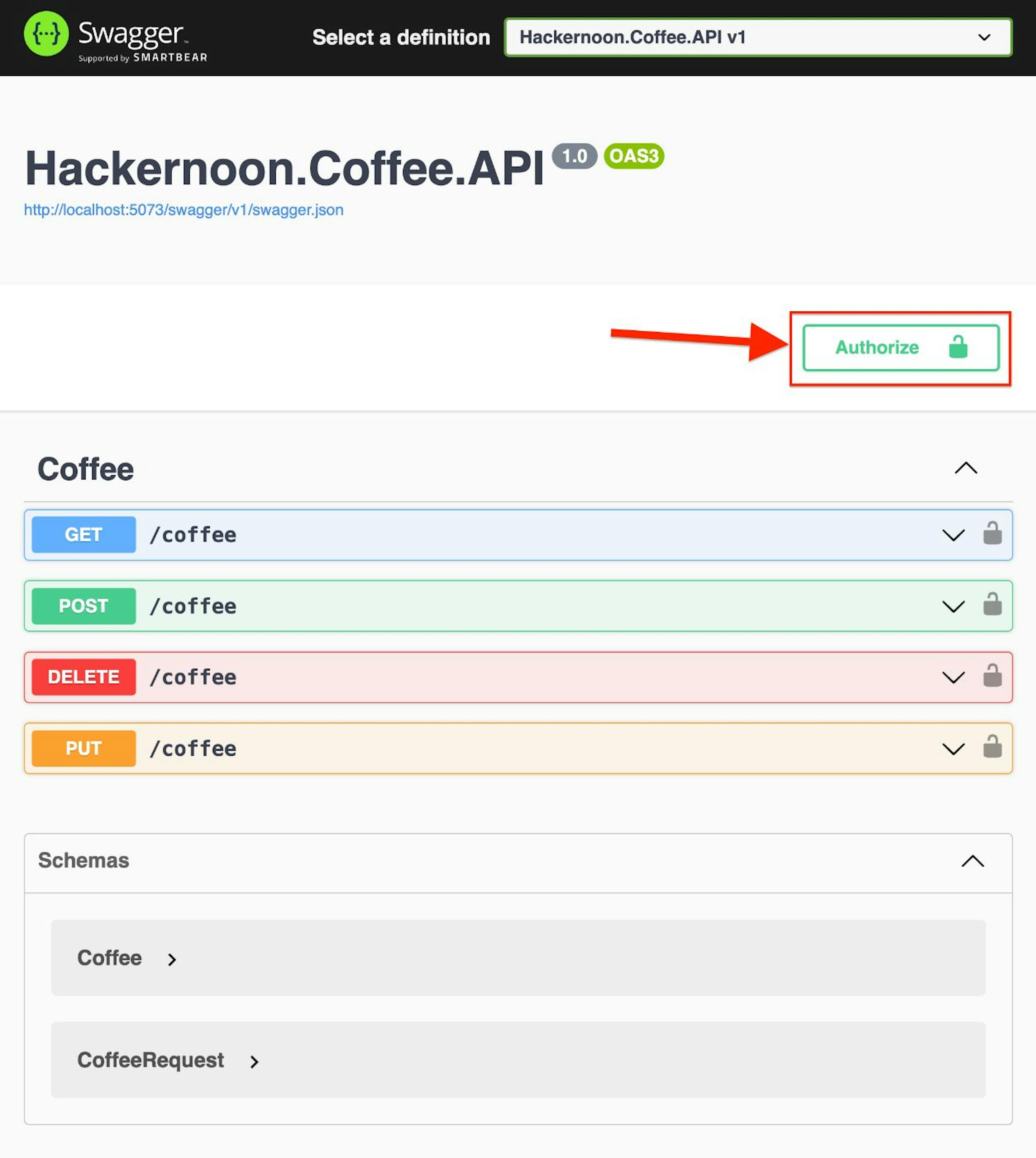 Coffee API - Authorize button appeared