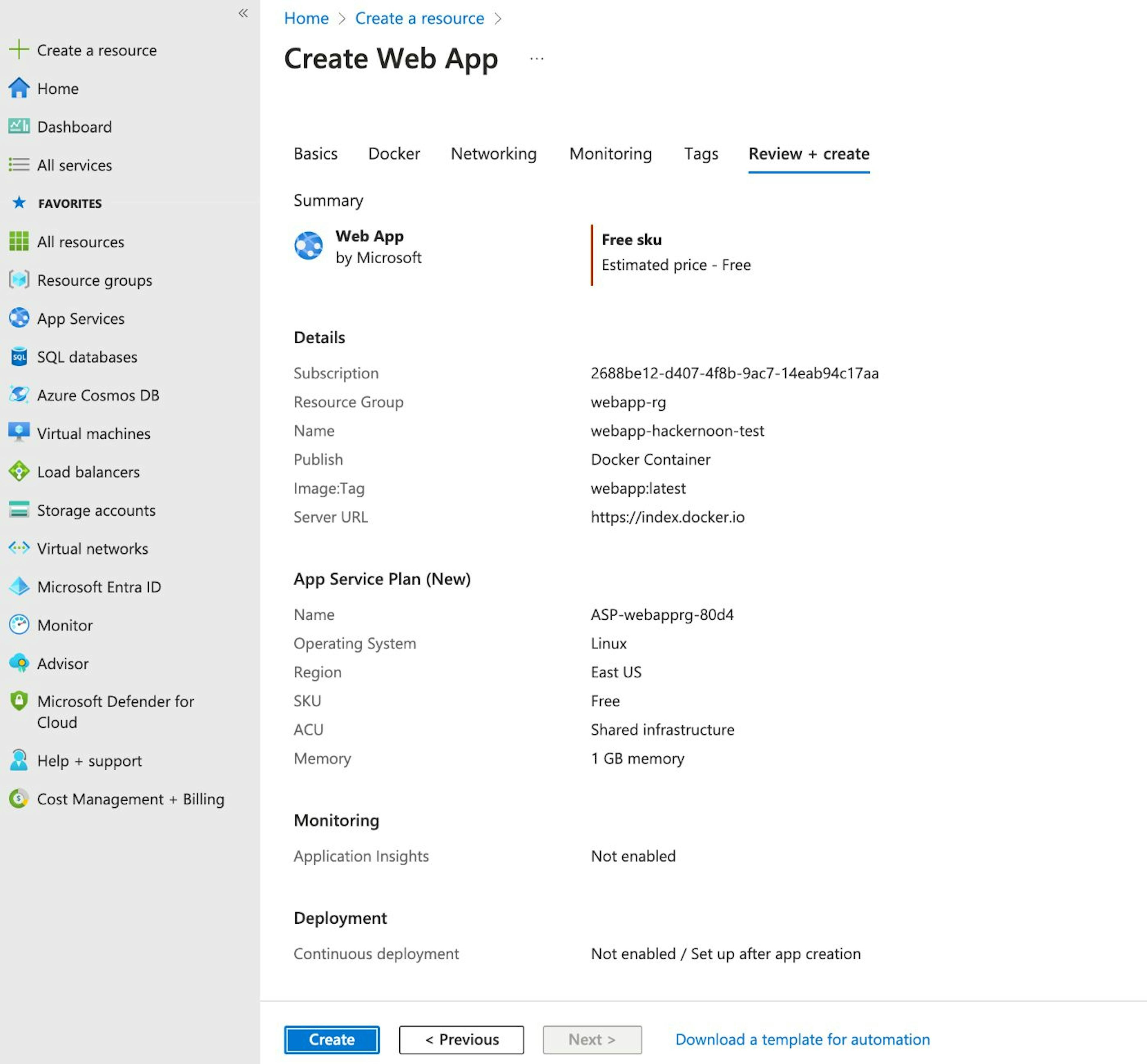 Create Web App: Review + create tab