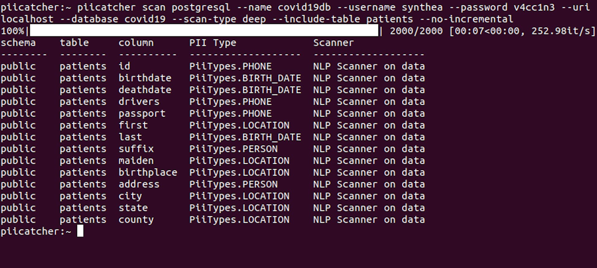 PIICatcher scanning for PII data