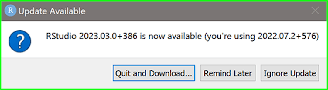 Fenster „RStudio – Update verfügbar“.