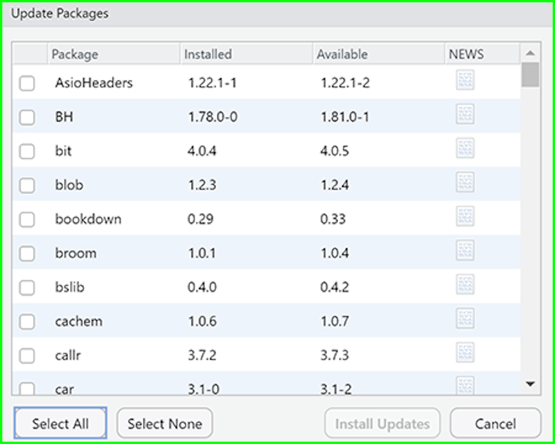 RStudio - Update Packages window.